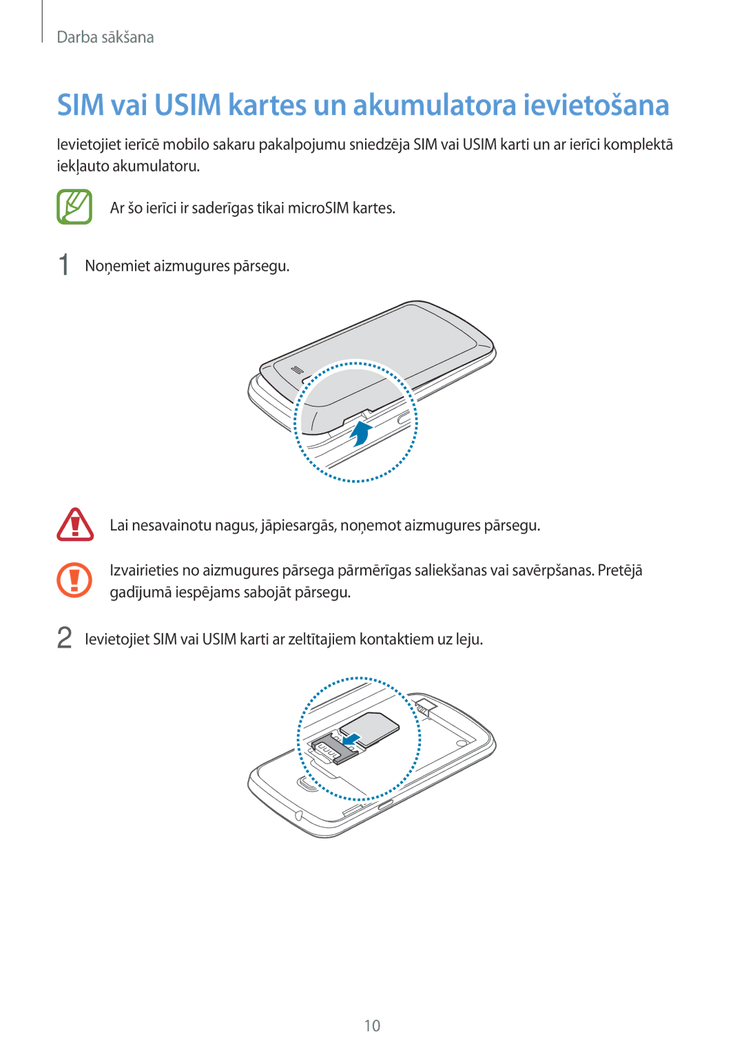 Samsung GT-S7390RWASEB, GT-S7390MKASEB manual SIM vai Usim kartes un akumulatora ievietošana 