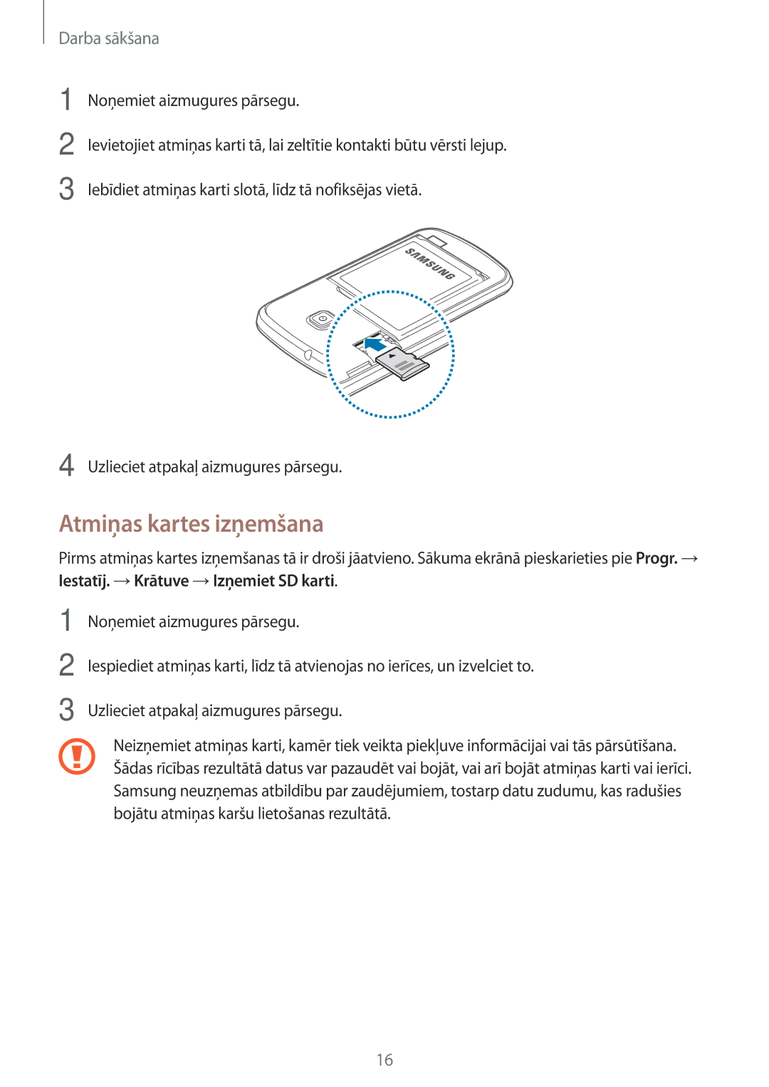 Samsung GT-S7390RWASEB, GT-S7390MKASEB manual Atmiņas kartes izņemšana 