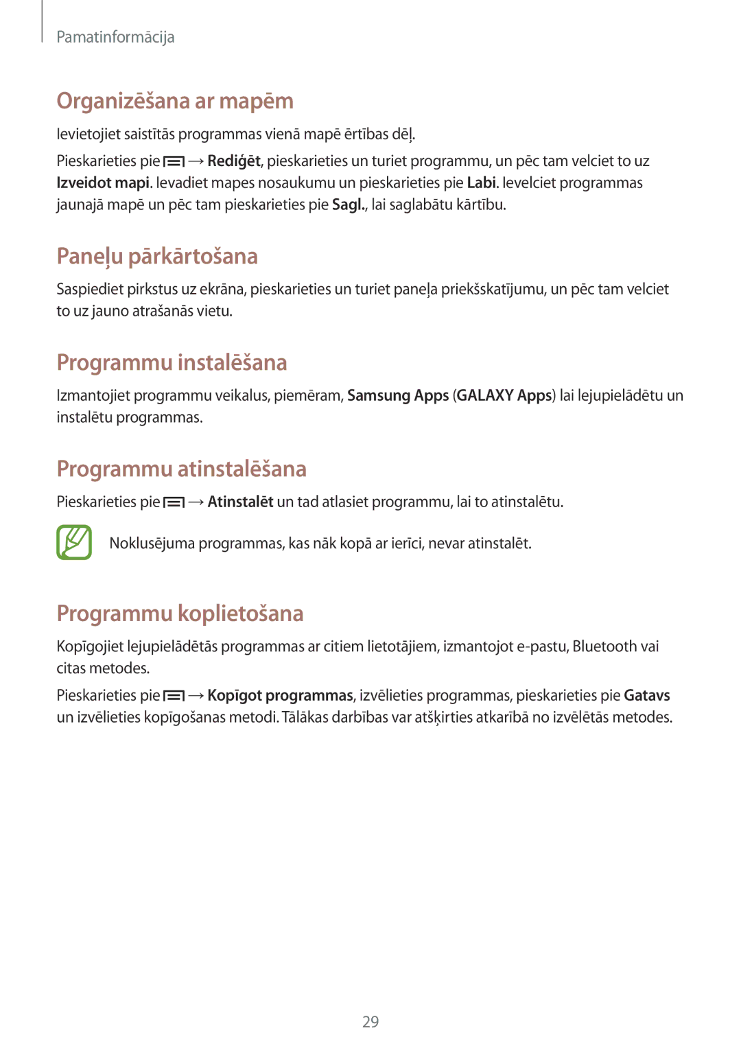Samsung GT-S7390MKASEB manual Organizēšana ar mapēm, Programmu instalēšana, Programmu atinstalēšana, Programmu koplietošana 