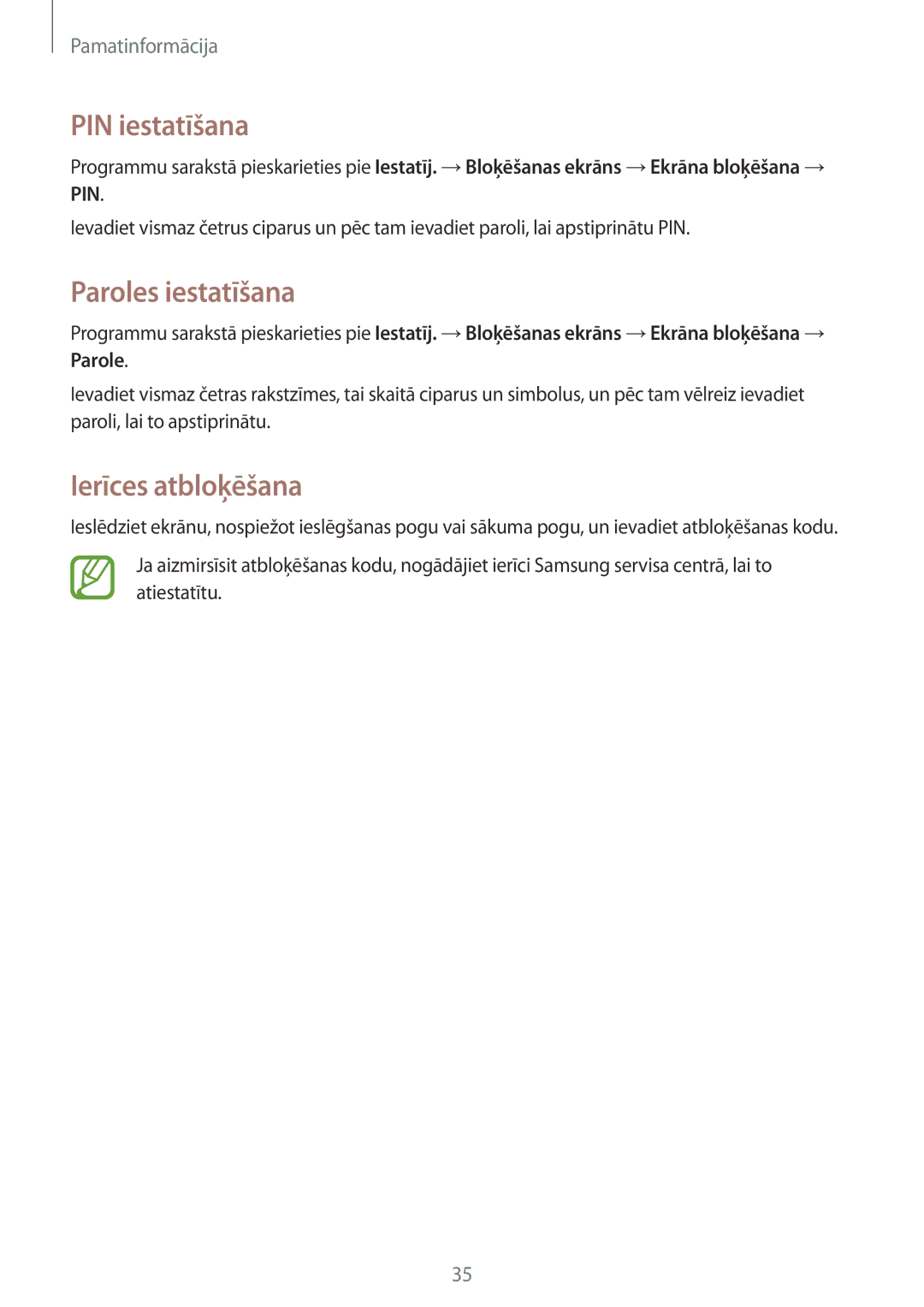 Samsung GT-S7390MKASEB, GT-S7390RWASEB manual PIN iestatīšana, Paroles iestatīšana, Ierīces atbloķēšana 