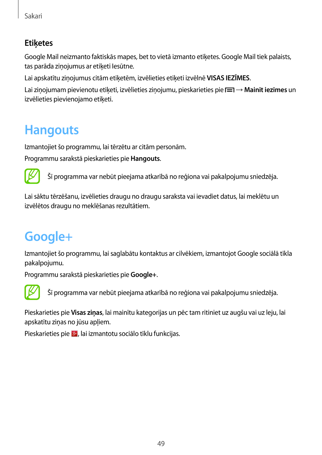 Samsung GT-S7390MKASEB, GT-S7390RWASEB manual Hangouts, Google+, Etiķetes 