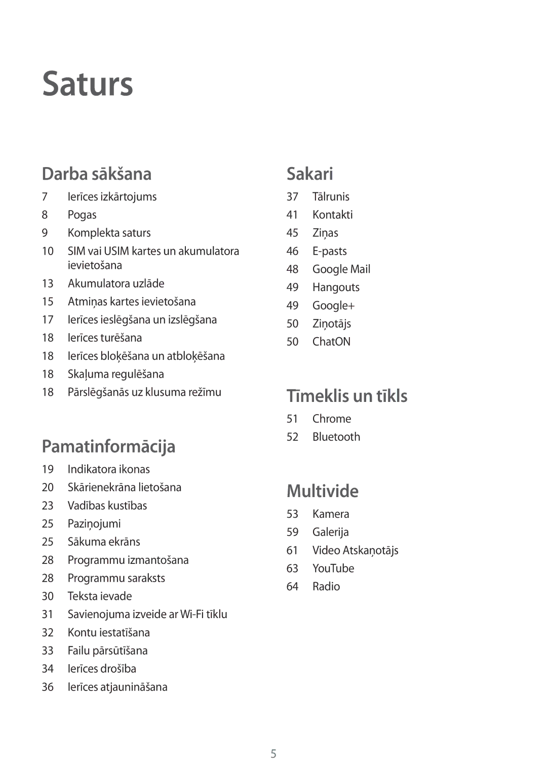 Samsung GT-S7390MKASEB, GT-S7390RWASEB manual Saturs, Chrome Bluetooth, Kamera Galerija Video Atskaņotājs YouTube Radio 