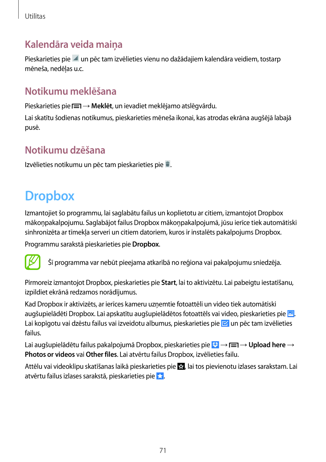 Samsung GT-S7390MKASEB, GT-S7390RWASEB manual Dropbox, Kalendāra veida maiņa, Notikumu meklēšana, Notikumu dzēšana 