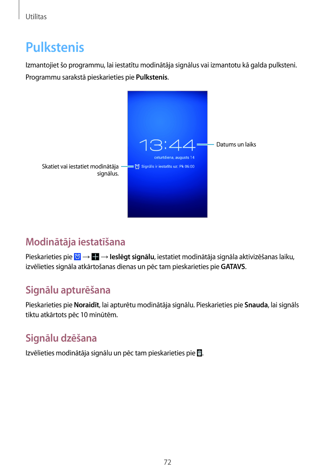 Samsung GT-S7390RWASEB, GT-S7390MKASEB manual Pulkstenis, Modinātāja iestatīšana, Signālu apturēšana, Signālu dzēšana 