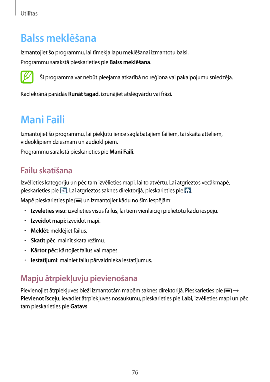 Samsung GT-S7390RWASEB, GT-S7390MKASEB manual Balss meklēšana, Mani Faili, Failu skatīšana, Mapju ātrpiekļuvju pievienošana 