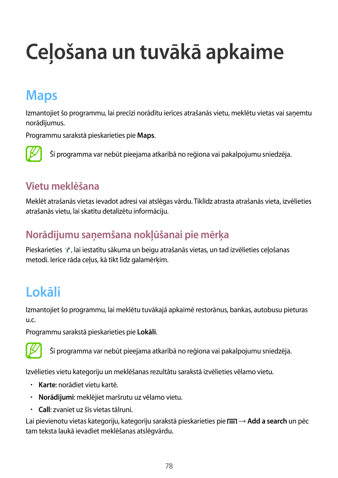 Samsung GT-S7390RWASEB, GT-S7390MKASEB manual Ceļošana un tuvākā apkaime, Maps, Lokāli, Vietu meklēšana 