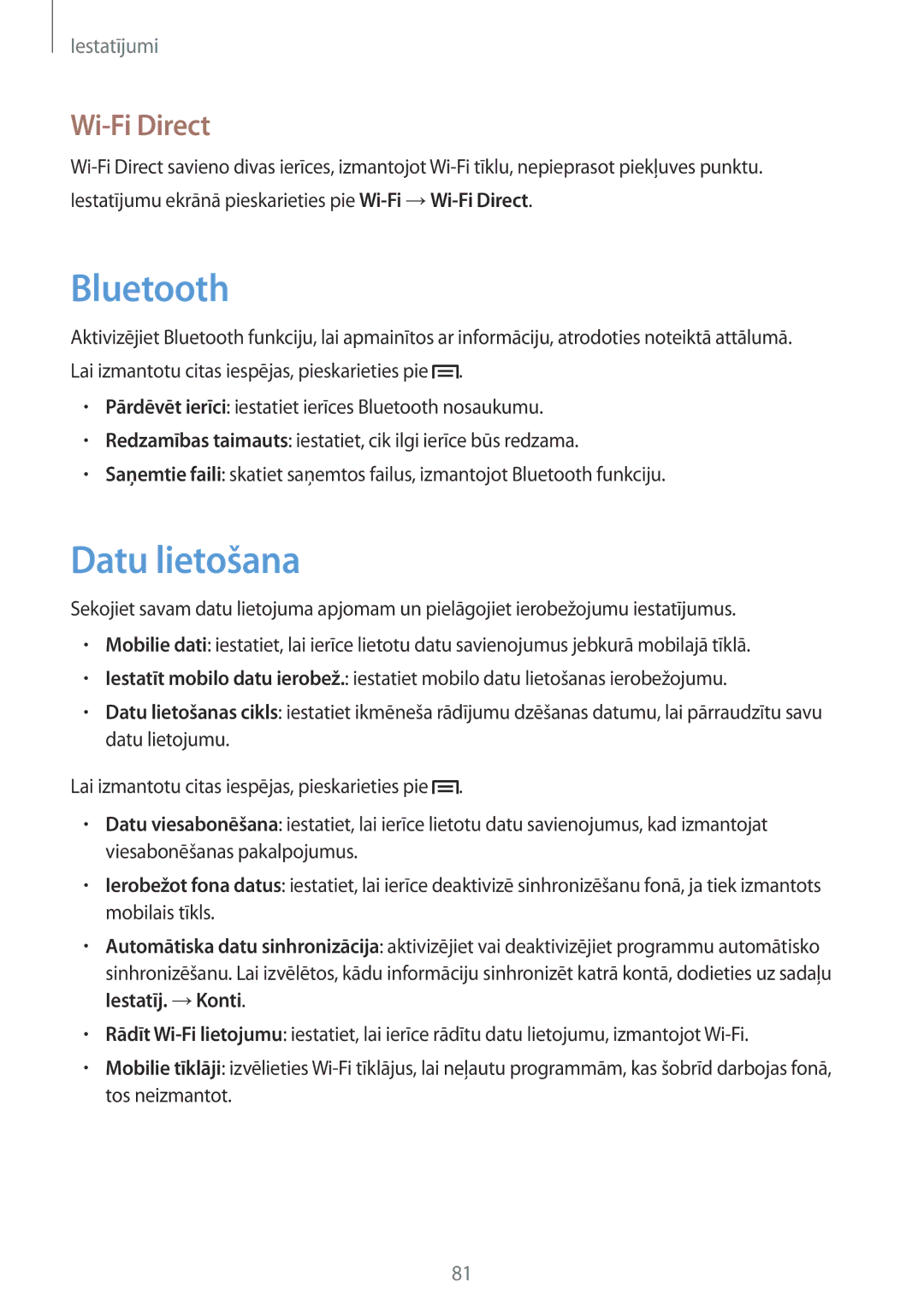 Samsung GT-S7390MKASEB, GT-S7390RWASEB manual Datu lietošana, Wi-Fi Direct 