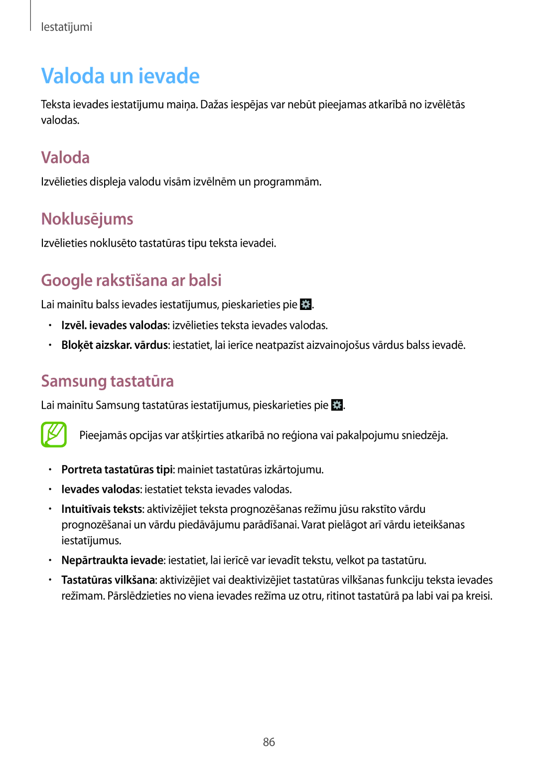 Samsung GT-S7390RWASEB, GT-S7390MKASEB manual Valoda un ievade, Noklusējums, Google rakstīšana ar balsi, Samsung tastatūra 