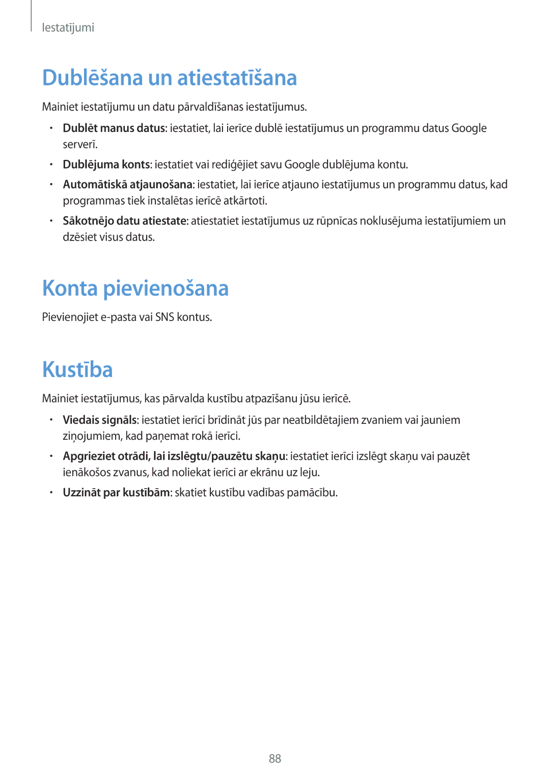 Samsung GT-S7390RWASEB manual Dublēšana un atiestatīšana, Konta pievienošana, Kustība, Pievienojiet e-pasta vai SNS kontus 