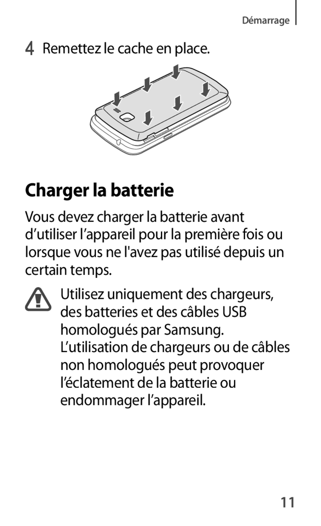 Samsung GT-S7390MKAXEF, GT-S7390RWAXEF, GT-S7390WRAXEF, GT-S7390MRZXEF manual Charger la batterie 