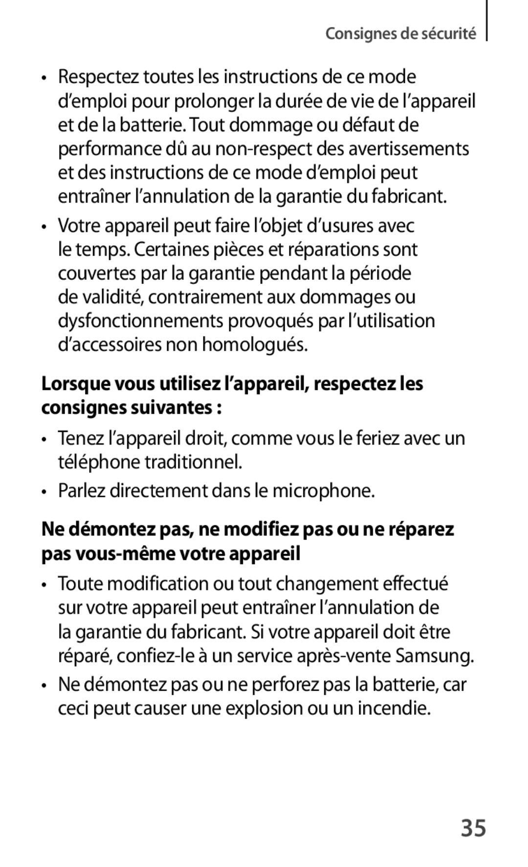 Samsung GT-S7390MKAXEF, GT-S7390RWAXEF, GT-S7390WRAXEF, GT-S7390MRZXEF manual Consignes de sécurité 