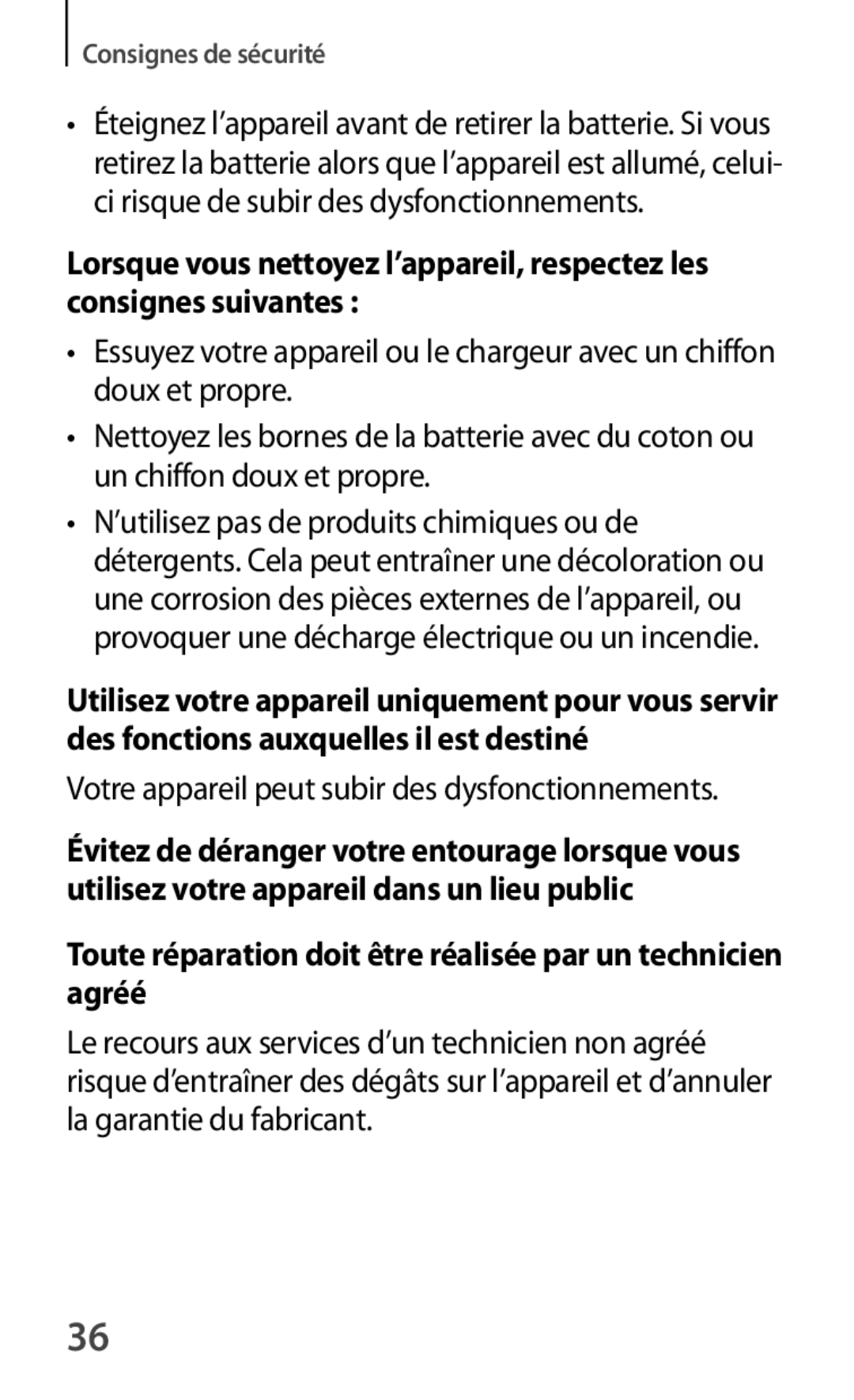 Samsung GT-S7390RWAXEF, GT-S7390WRAXEF, GT-S7390MRZXEF manual Toute réparation doit être réalisée par un technicien agréé 