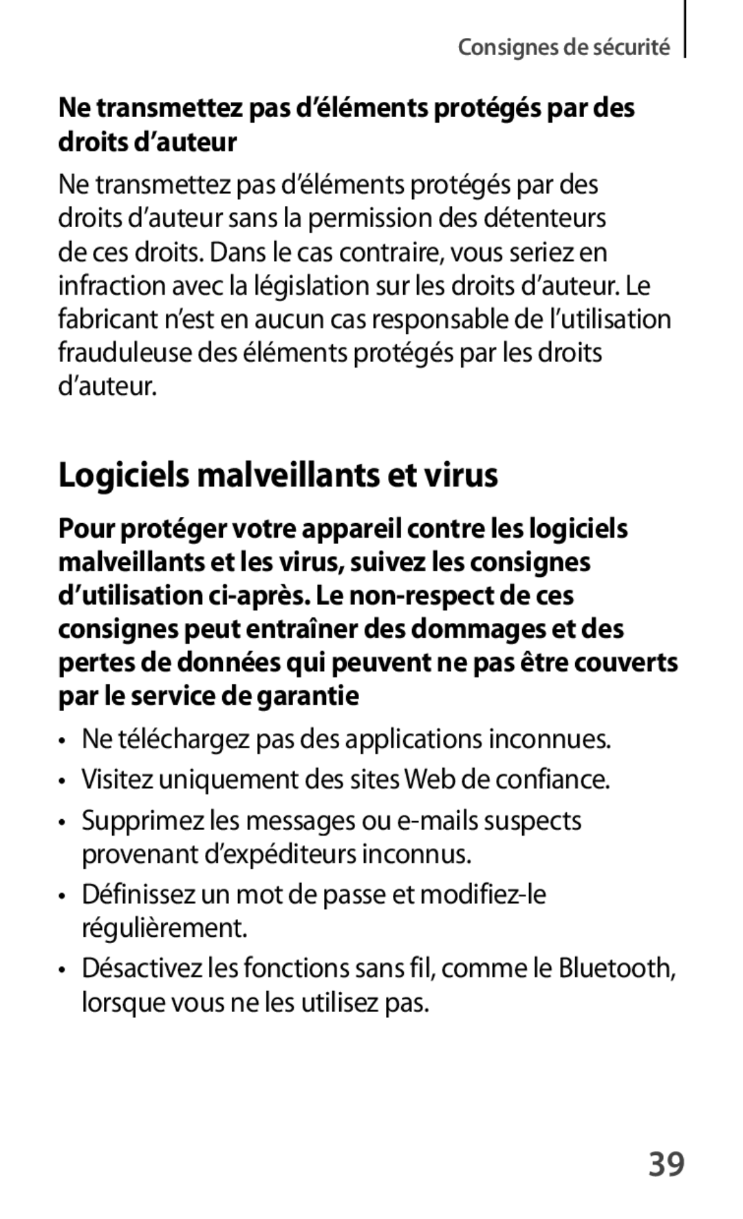 Samsung GT-S7390MKAXEF manual Logiciels malveillants et virus, Définissez un mot de passe et modifiez-le régulièrement 