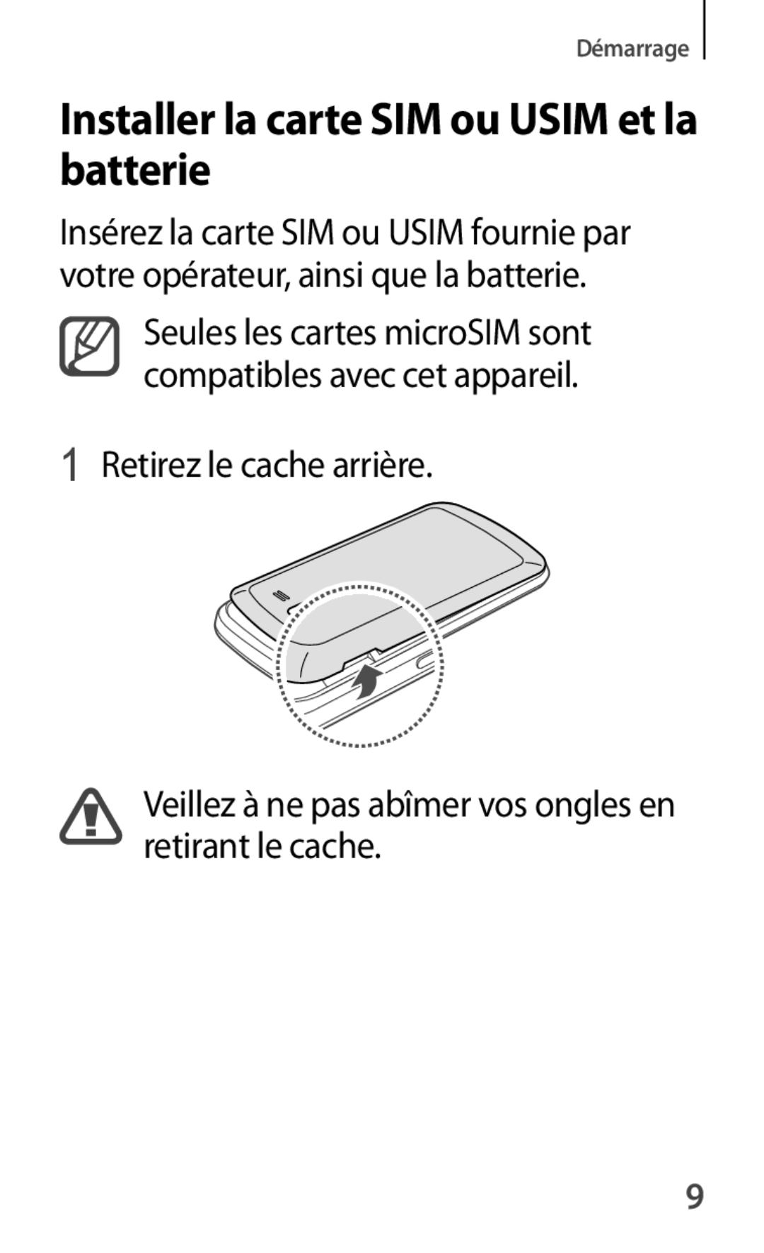 Samsung GT-S7390WRAXEF, GT-S7390RWAXEF, GT-S7390MRZXEF, GT-S7390MKAXEF manual Installer la carte SIM ou Usim et la batterie 