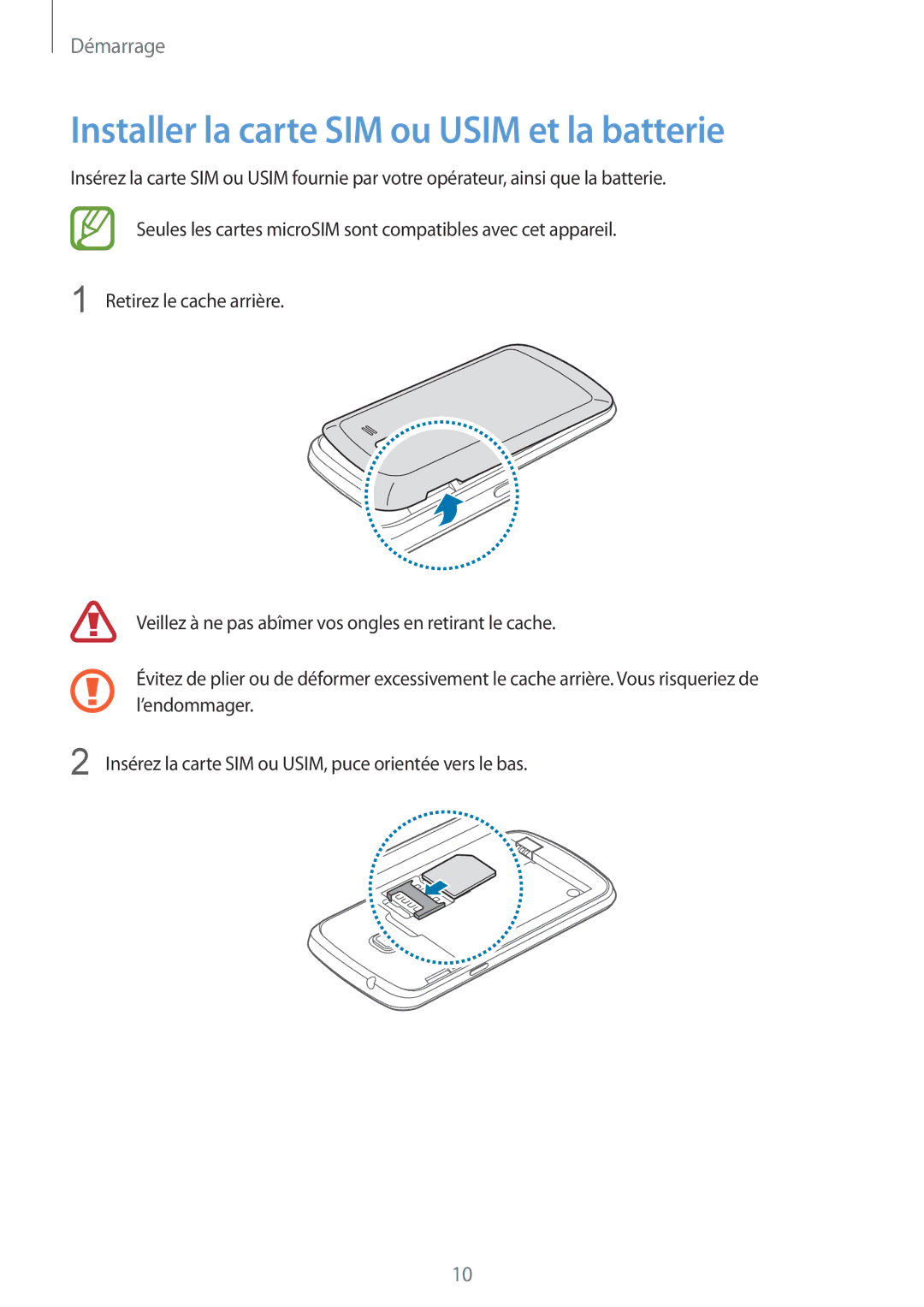 Samsung GT-S7390MRZXEF, GT-S7390RWAXEF, GT-S7390WRAXEF, GT-S7390MKAXEF manual Installer la carte SIM ou Usim et la batterie 