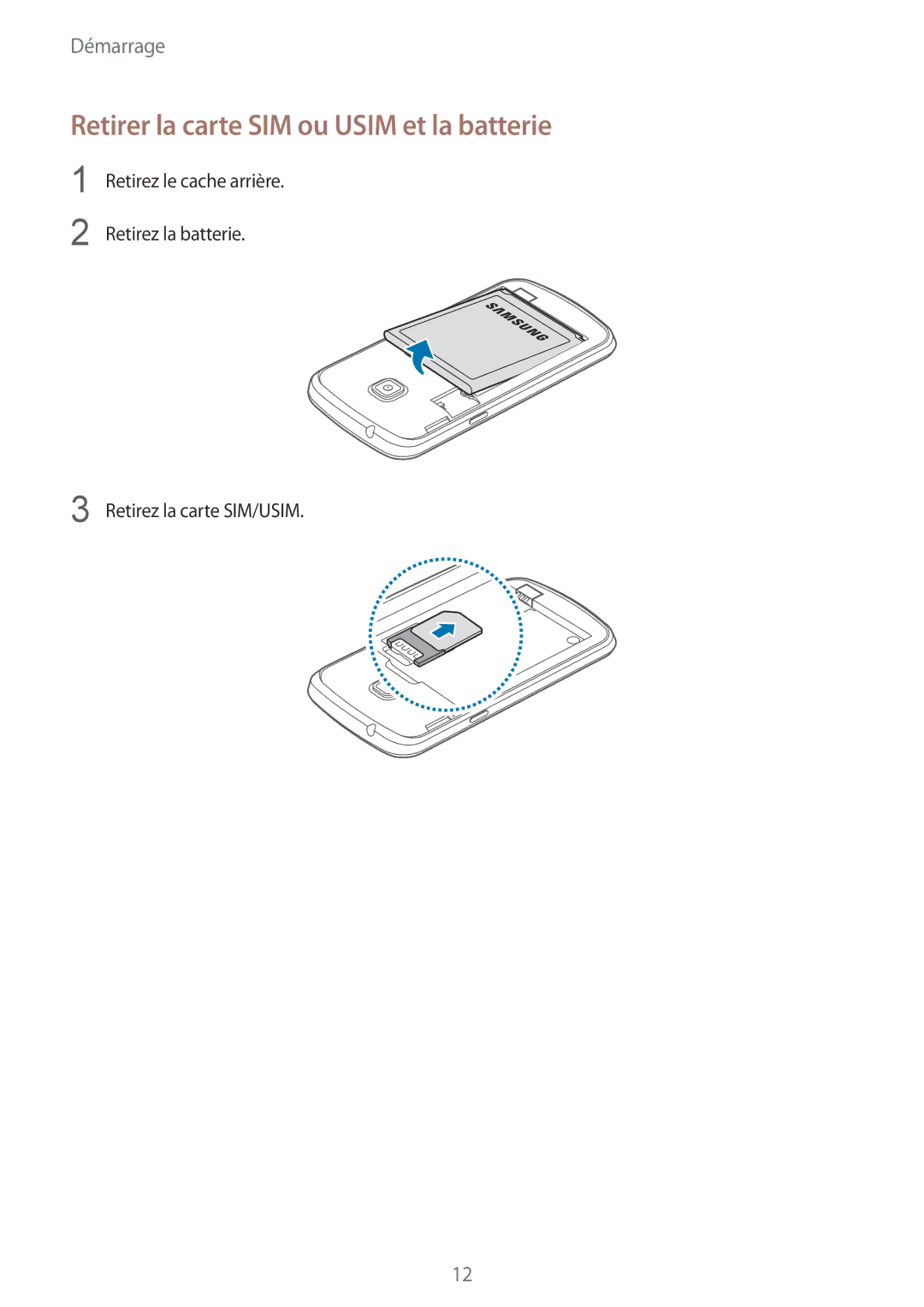 Samsung GT-S7390RWAXEF, GT-S7390WRAXEF, GT-S7390MRZXEF, GT-S7390MKAXEF manual Retirer la carte SIM ou Usim et la batterie 