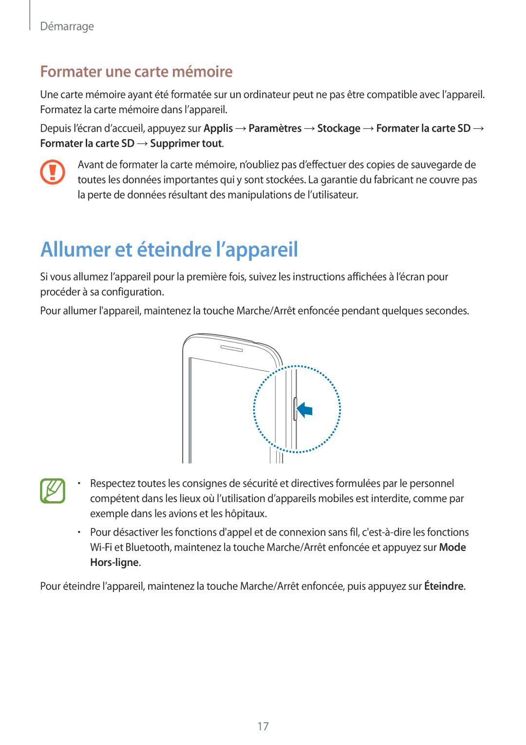 Samsung GT-S7390WRAXEF, GT-S7390RWAXEF, GT-S7390MRZXEF manual Allumer et éteindre l’appareil, Formater une carte mémoire 