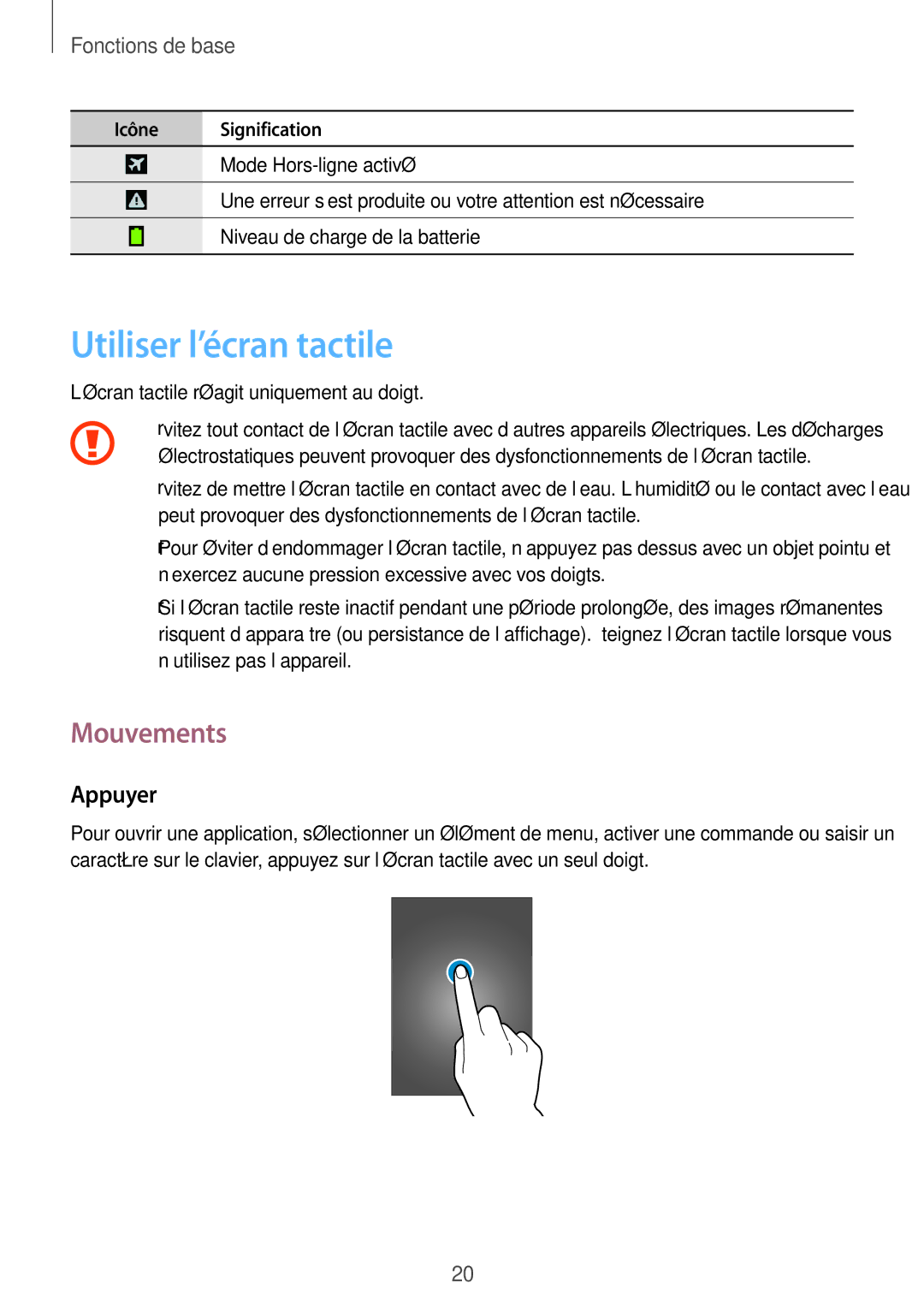 Samsung GT-S7390RWAXEF, GT-S7390WRAXEF, GT-S7390MRZXEF, GT-S7390MKAXEF manual Utiliser l’écran tactile, Mouvements, Appuyer 