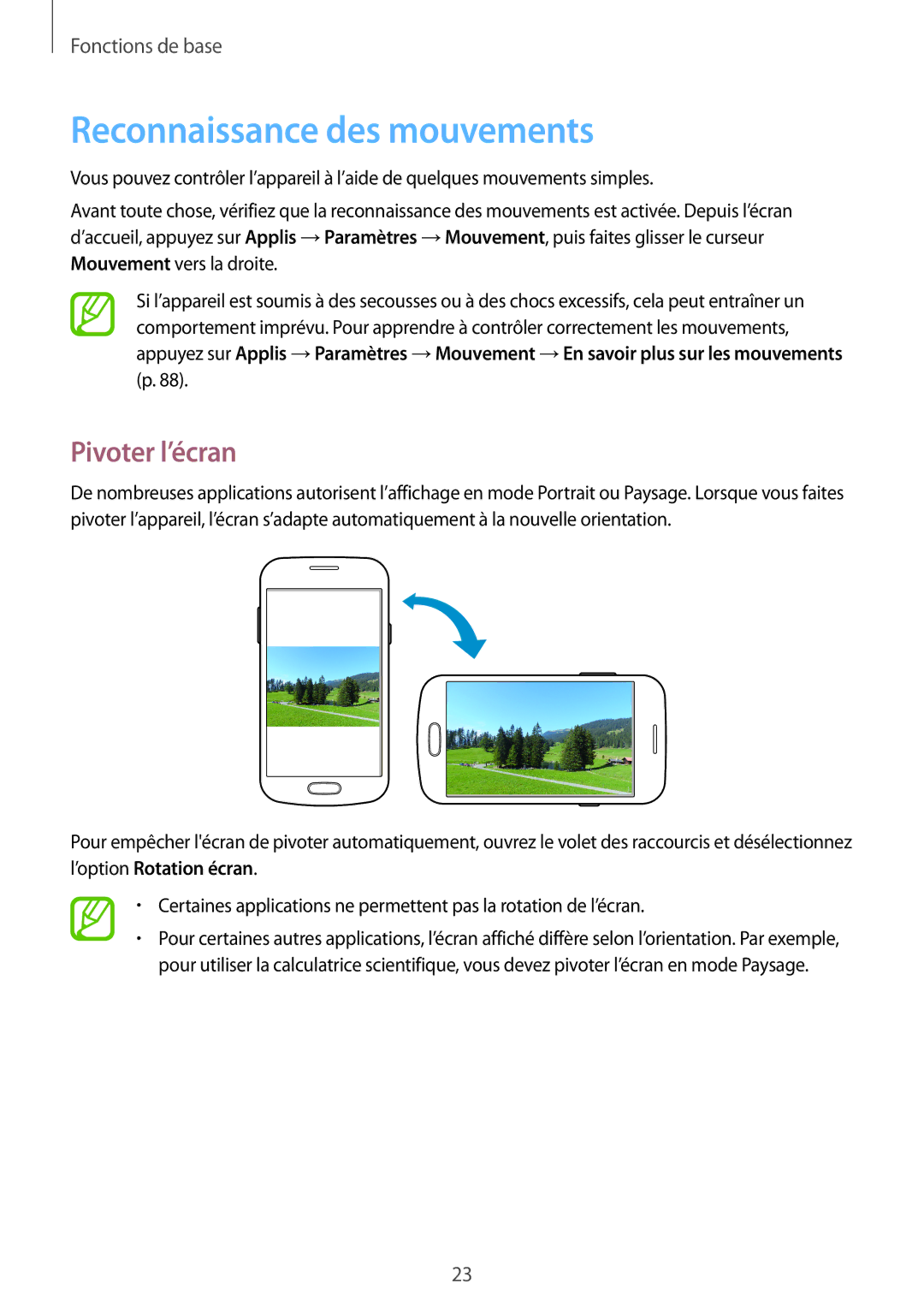 Samsung GT-S7390MKAXEF, GT-S7390RWAXEF, GT-S7390WRAXEF, GT-S7390MRZXEF manual Reconnaissance des mouvements, Pivoter l’écran 