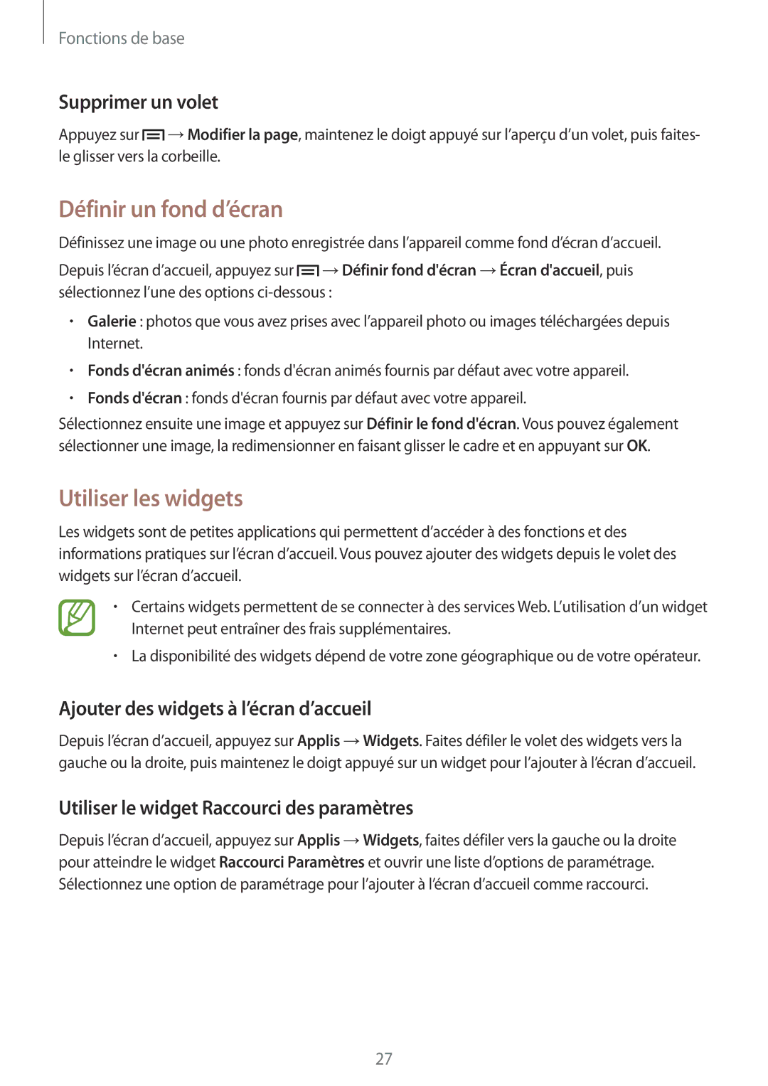 Samsung GT-S7390MKAXEF, GT-S7390RWAXEF, GT-S7390WRAXEF Définir un fond d’écran, Utiliser les widgets, Supprimer un volet 