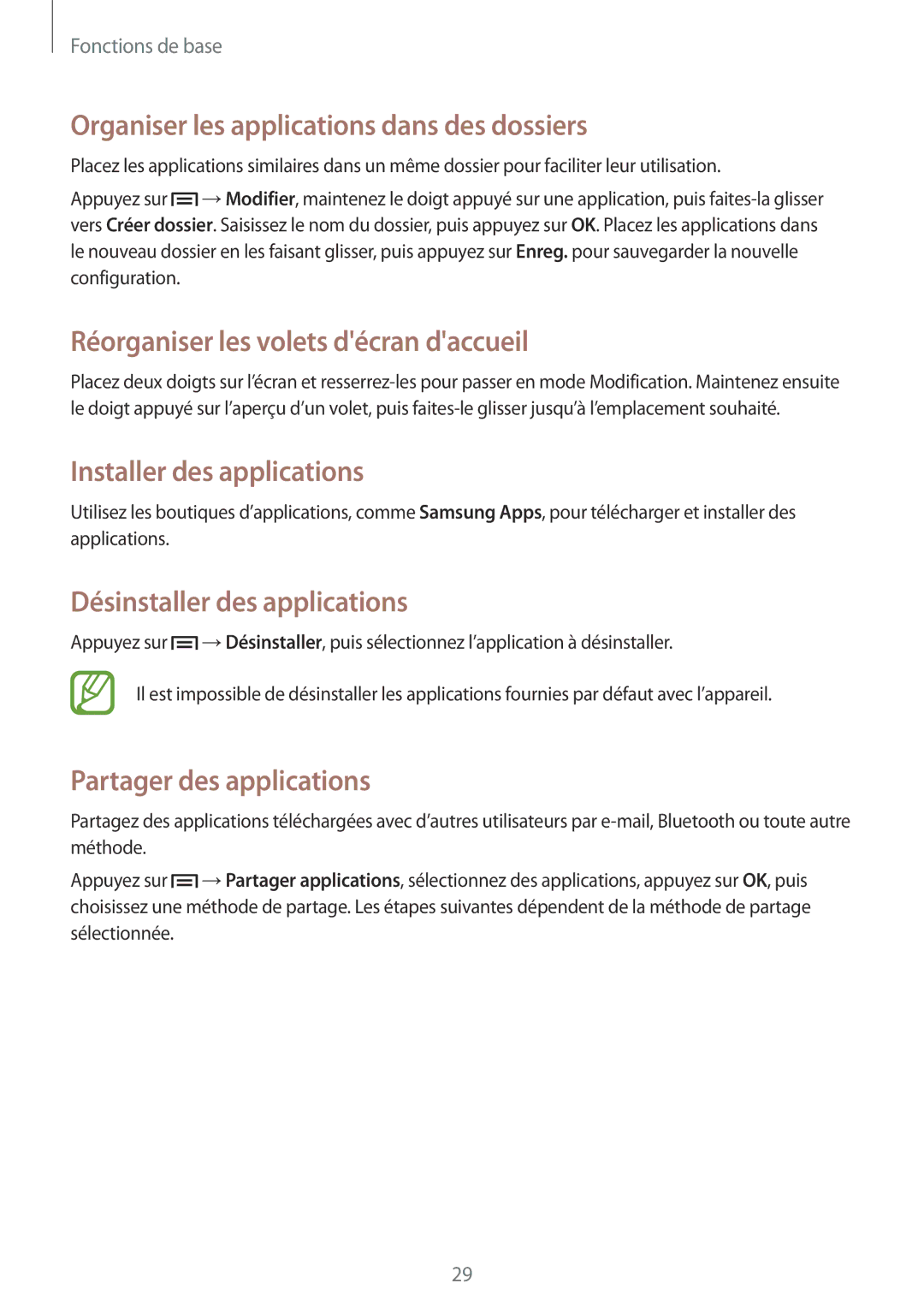 Samsung GT-S7390WRAXEF Organiser les applications dans des dossiers, Installer des applications, Partager des applications 