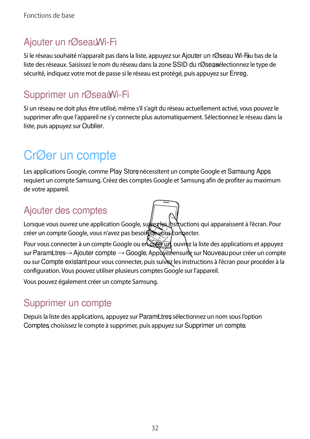 Samsung GT-S7390RWAXEF manual Créer un compte, Ajouter un réseau Wi-Fi, Supprimer un réseau Wi-Fi, Ajouter des comptes 