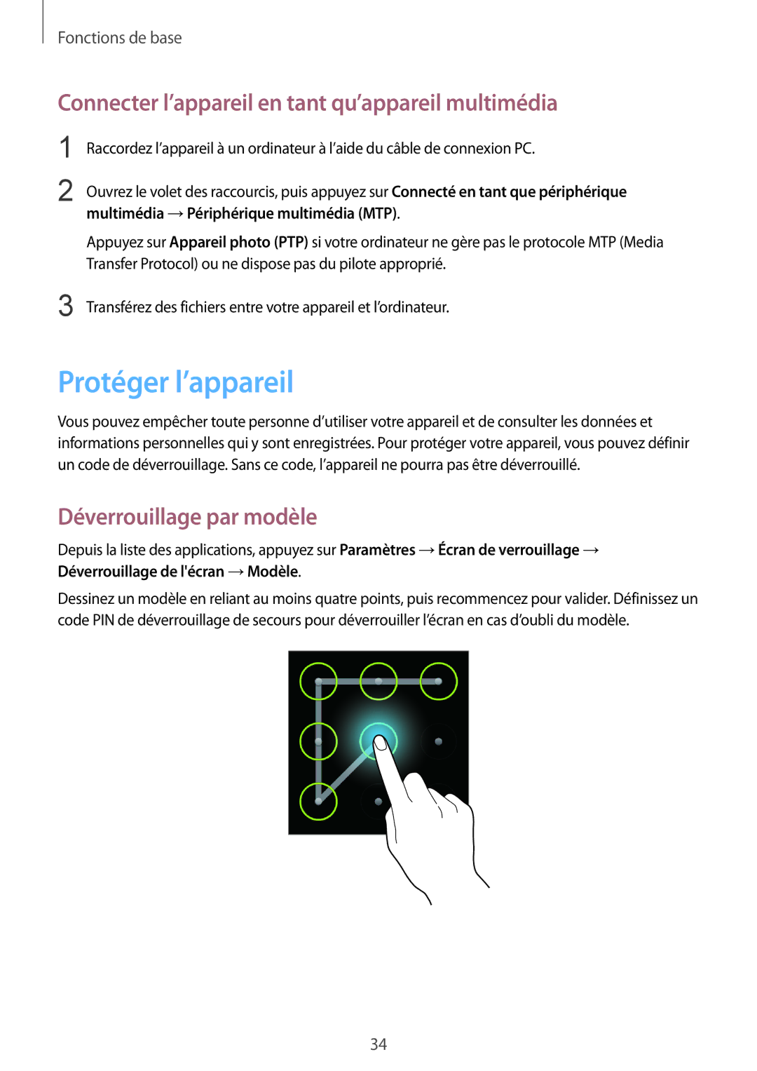 Samsung GT-S7390MRZXEF Protéger l’appareil, Connecter l’appareil en tant qu’appareil multimédia, Déverrouillage par modèle 