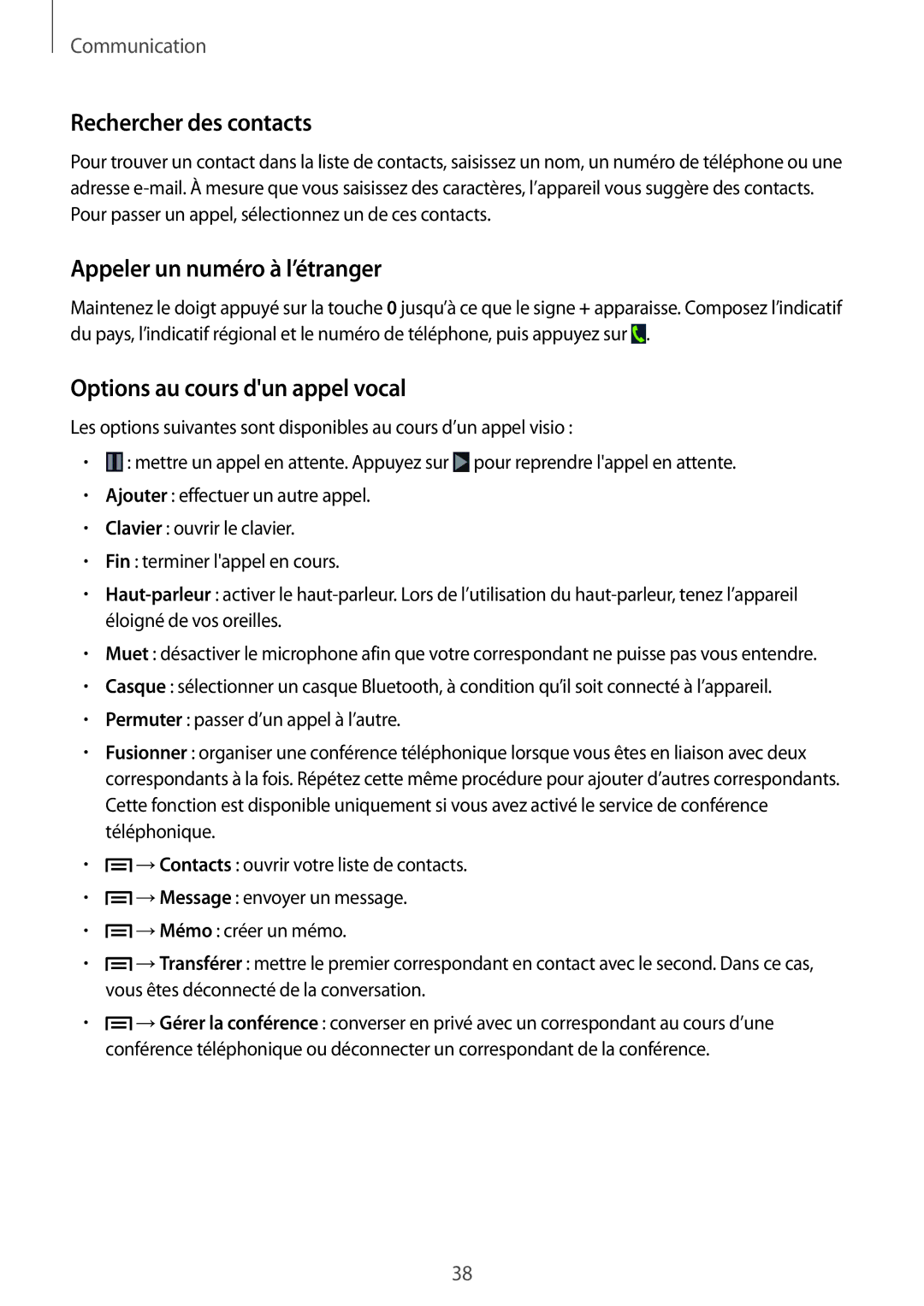 Samsung GT-S7390MRZXEF manual Rechercher des contacts, Appeler un numéro à l’étranger, Options au cours dun appel vocal 