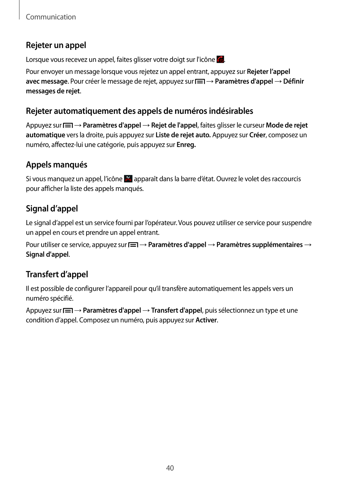 Samsung GT-S7390RWAXEF manual Rejeter un appel, Rejeter automatiquement des appels de numéros indésirables, Appels manqués 