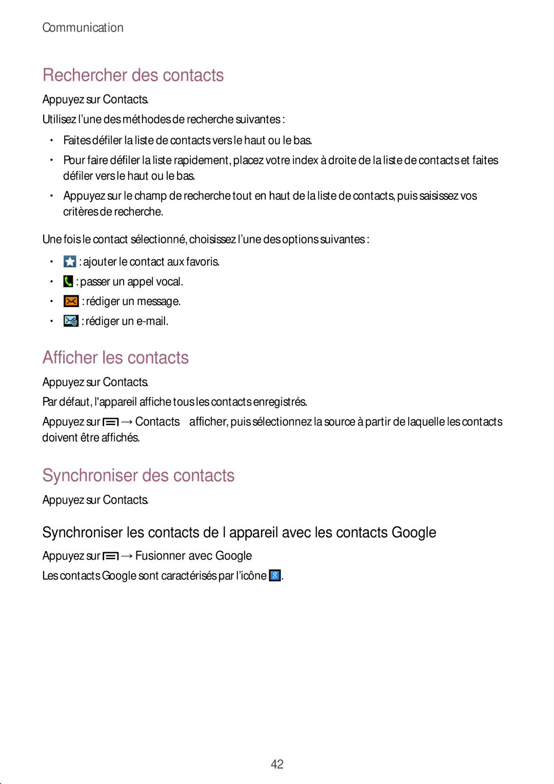 Samsung GT-S7390MRZXEF, GT-S7390RWAXEF manual Rechercher des contacts, Afficher les contacts, Synchroniser des contacts 