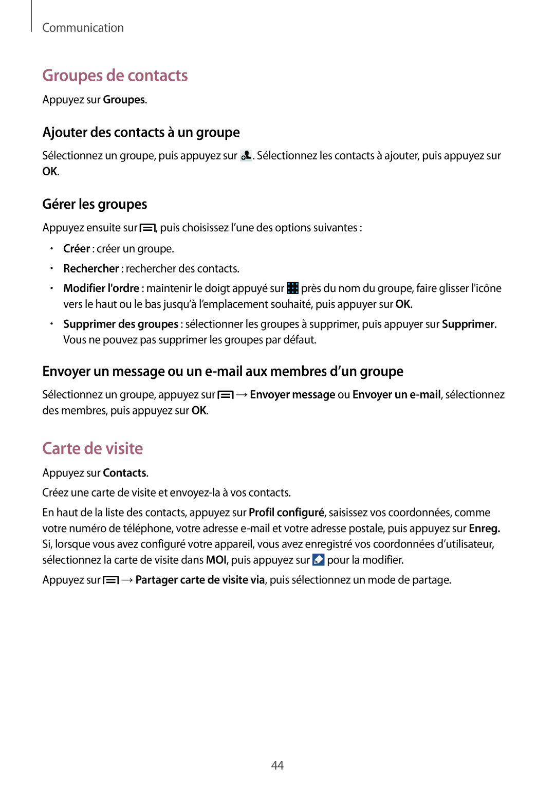 Samsung GT-S7390RWAXEF manual Groupes de contacts, Carte de visite, Ajouter des contacts à un groupe, Gérer les groupes 