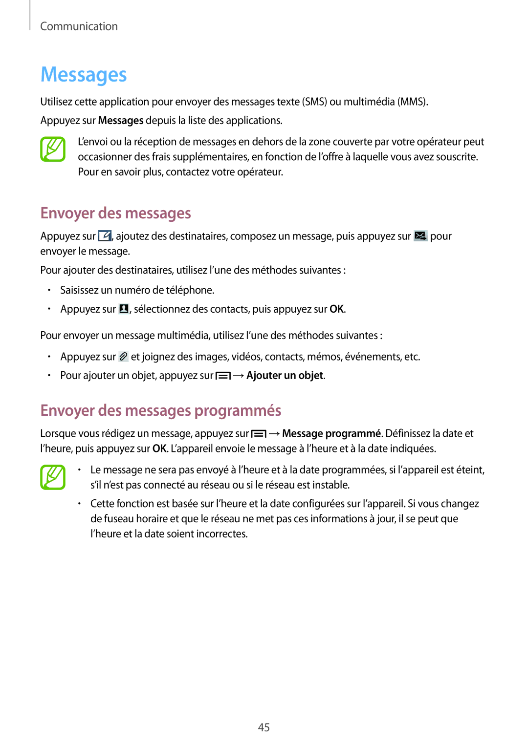 Samsung GT-S7390WRAXEF, GT-S7390RWAXEF, GT-S7390MRZXEF, GT-S7390MKAXEF manual Messages, Envoyer des messages programmés 