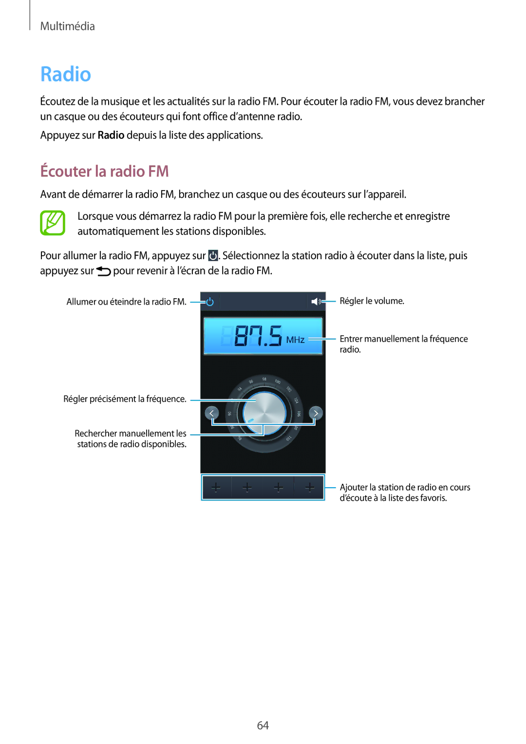 Samsung GT-S7390RWAXEF, GT-S7390WRAXEF, GT-S7390MRZXEF, GT-S7390MKAXEF manual Radio, Écouter la radio FM 