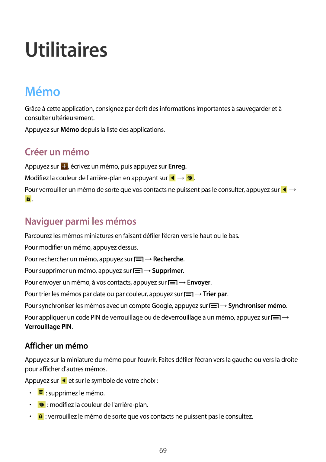 Samsung GT-S7390WRAXEF, GT-S7390RWAXEF, GT-S7390MRZXEF manual Utilitaires, Mémo, Créer un mémo, Naviguer parmi les mémos 