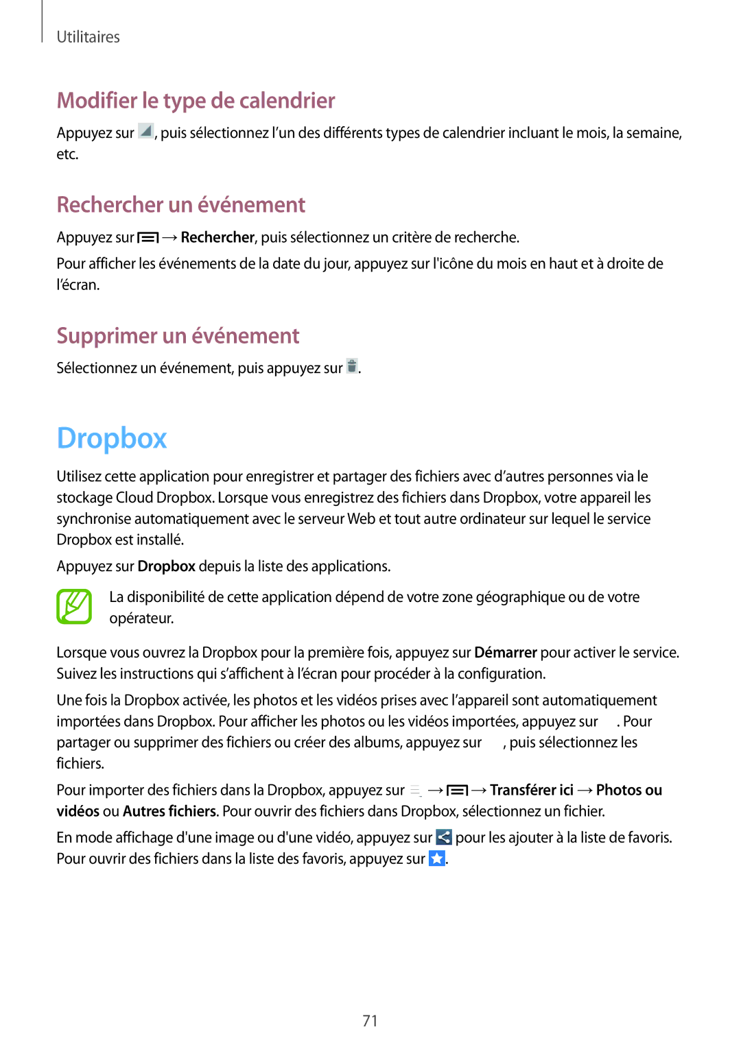 Samsung GT-S7390MKAXEF manual Dropbox, Modifier le type de calendrier, Rechercher un événement, Supprimer un événement 