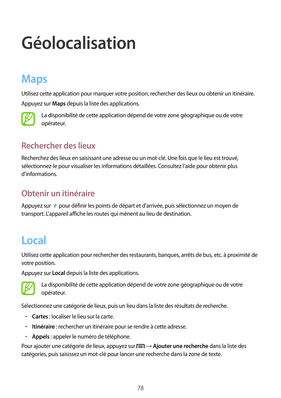 Samsung GT-S7390MRZXEF, GT-S7390RWAXEF manual Géolocalisation, Maps, Local, Rechercher des lieux, Obtenir un itinéraire 