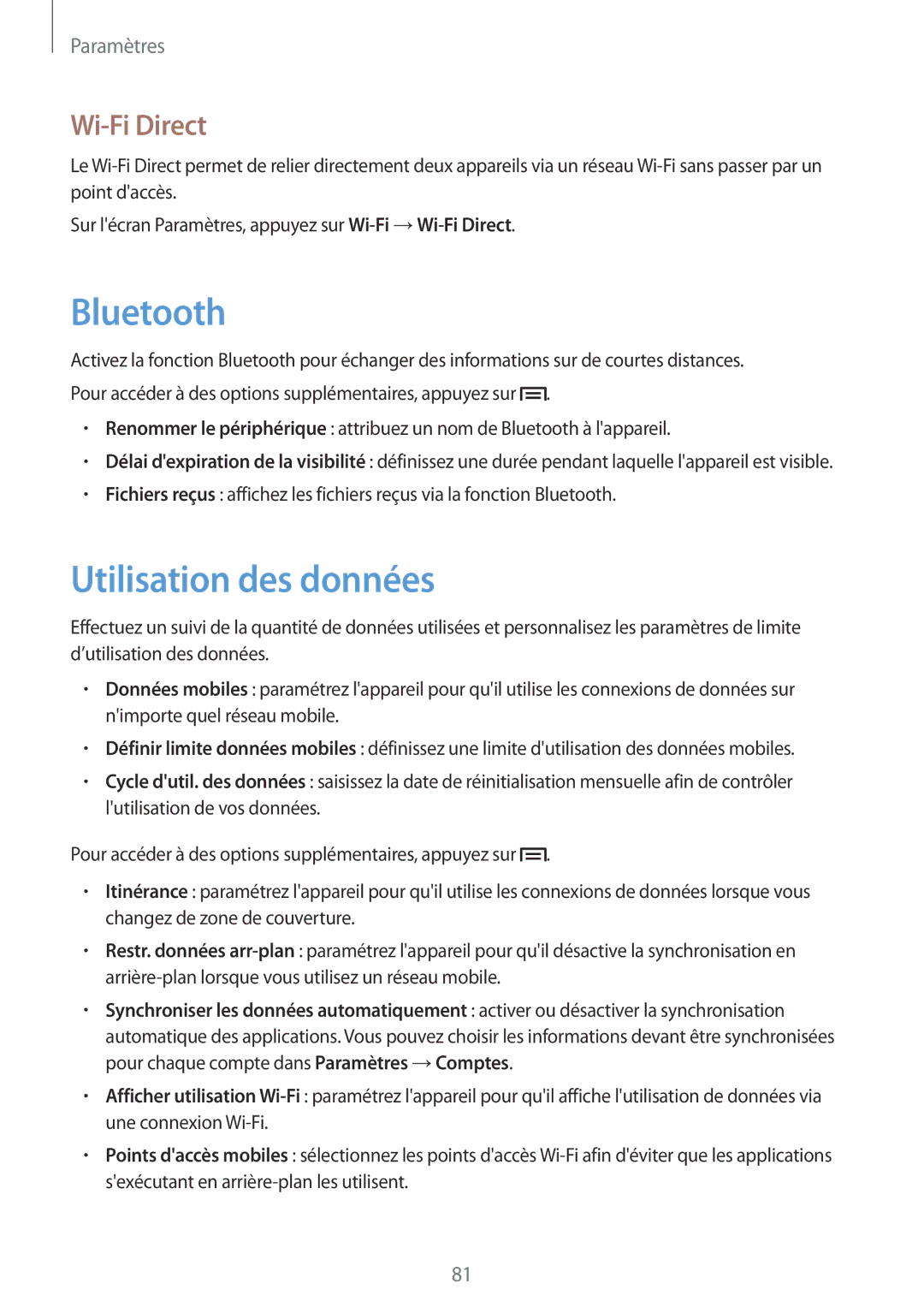 Samsung GT-S7390WRAXEF, GT-S7390RWAXEF, GT-S7390MRZXEF, GT-S7390MKAXEF manual Utilisation des données, Wi-Fi Direct 