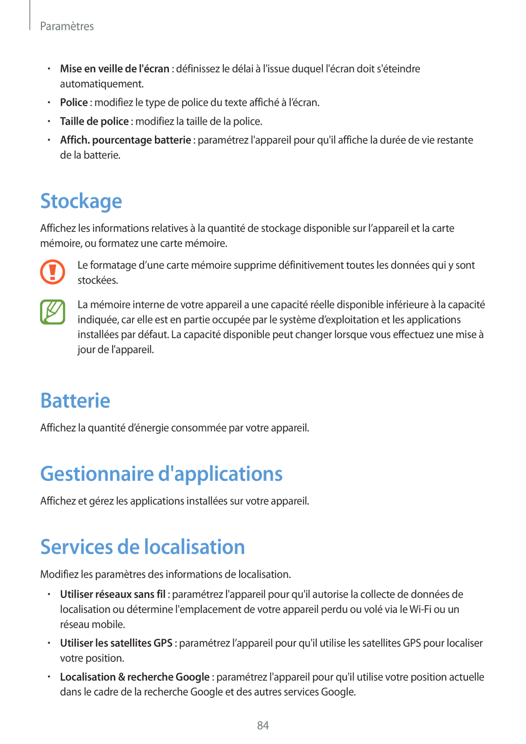 Samsung GT-S7390RWAXEF, GT-S7390WRAXEF manual Stockage, Batterie, Gestionnaire dapplications, Services de localisation 