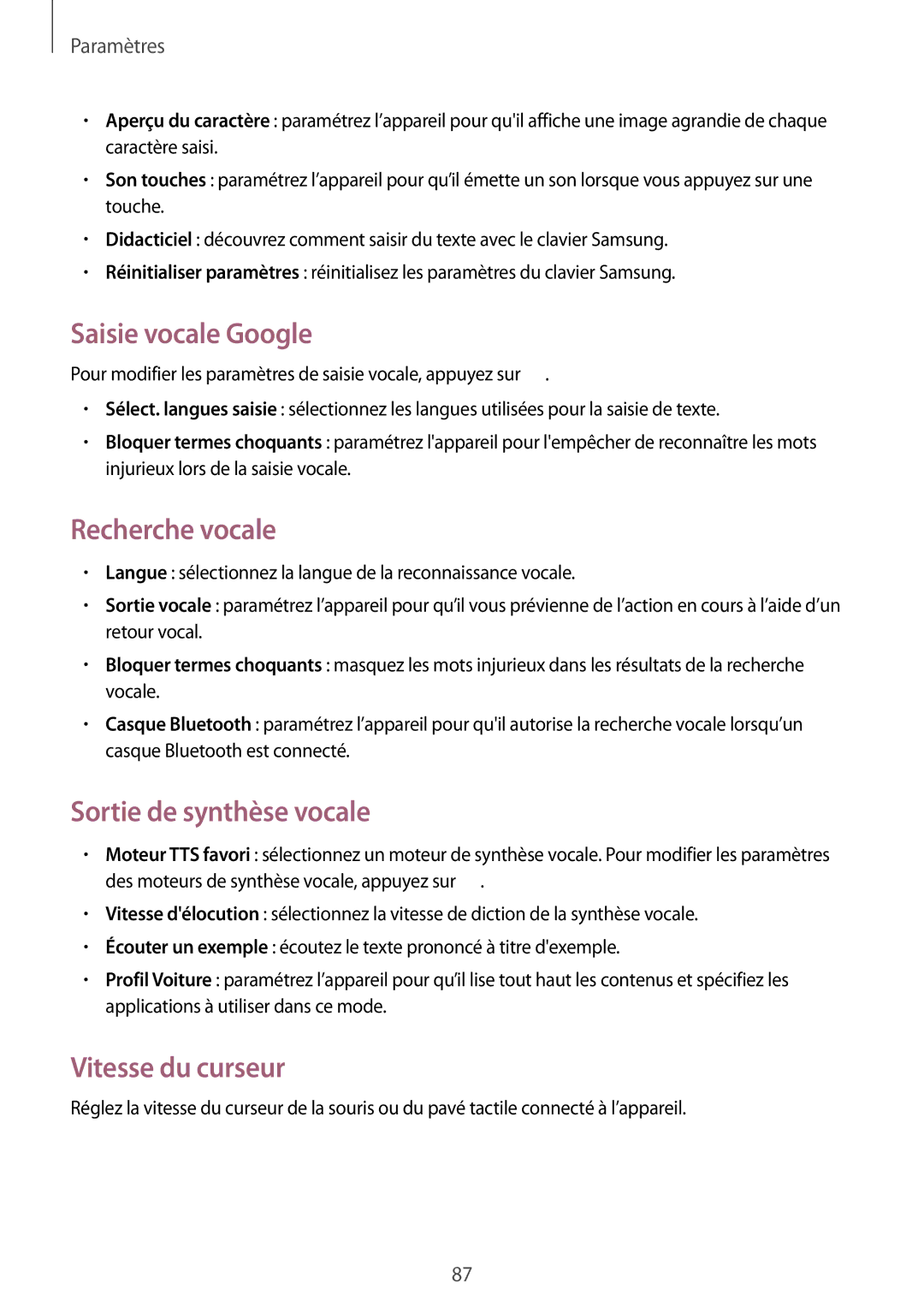 Samsung GT-S7390MKAXEF manual Saisie vocale Google, Recherche vocale, Sortie de synthèse vocale, Vitesse du curseur 