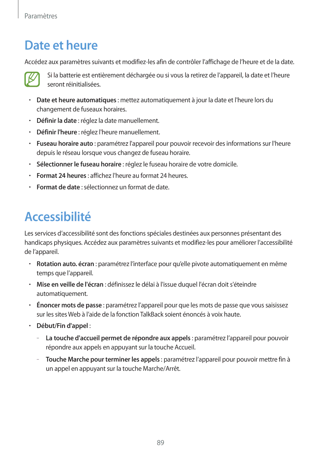 Samsung GT-S7390WRAXEF, GT-S7390RWAXEF, GT-S7390MRZXEF, GT-S7390MKAXEF manual Date et heure, Accessibilité 