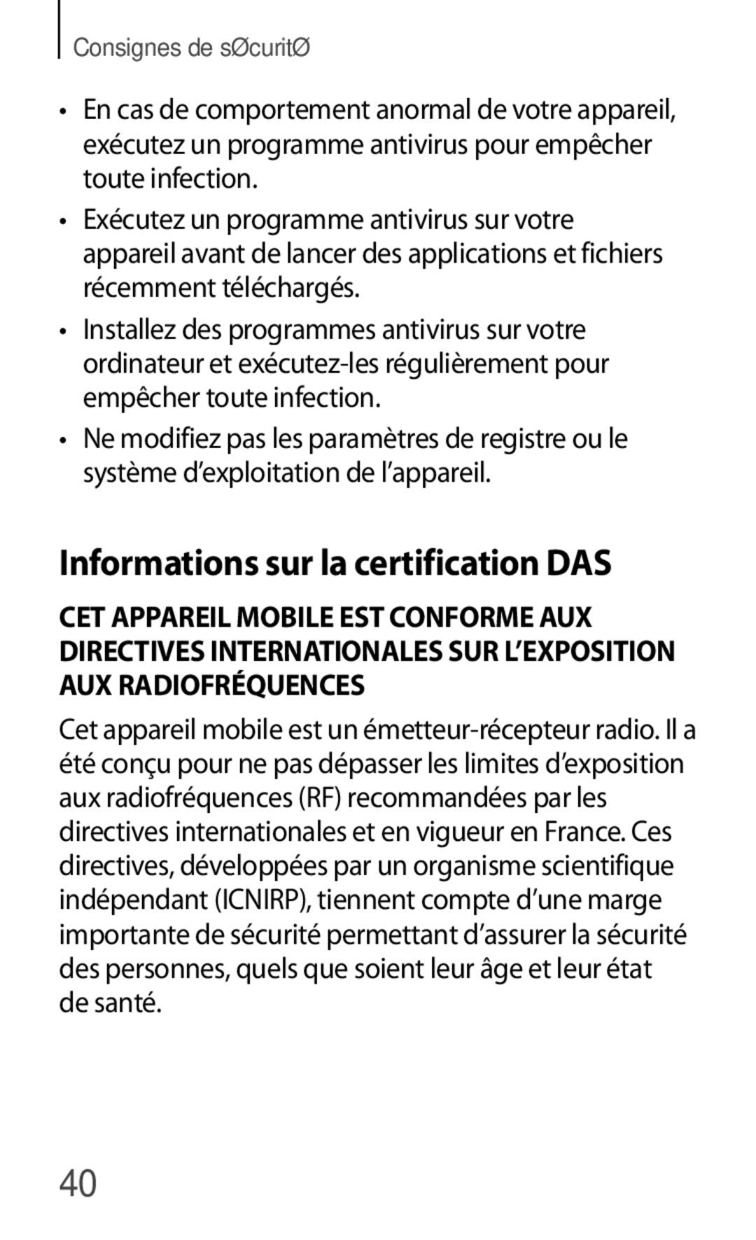 Samsung GT-S7390MKFSFR, GT-S7390RWFFTM, GT-S7390RWFBOG, GT-S7390WRFXEF, GT-S7390RWFSFR Informations sur la certification DAS 