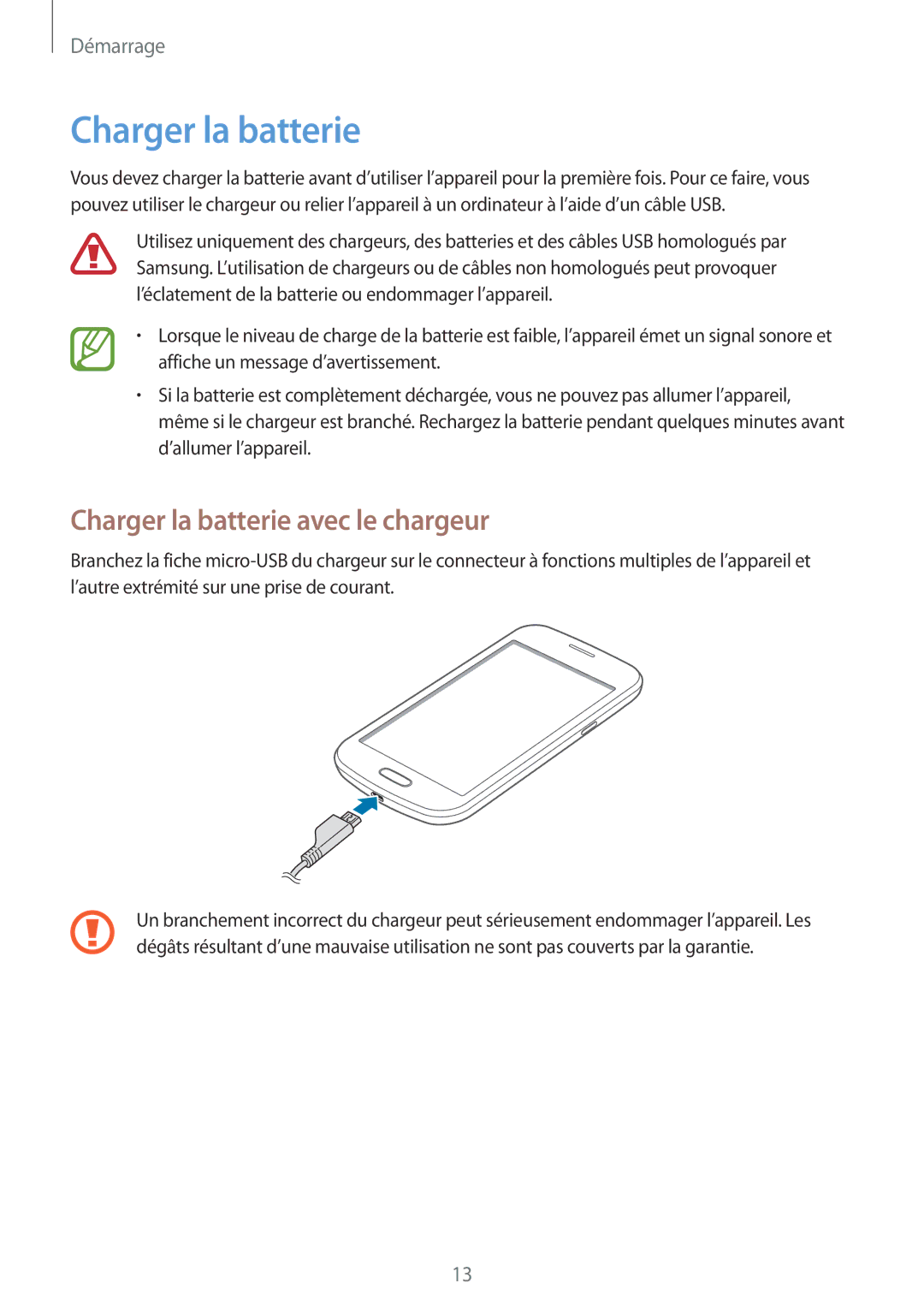 Samsung GT-S7390RWFBOG, GT-S7390RWFFTM, GT-S7390WRFXEF, GT-S7390RWFSFR manual Charger la batterie avec le chargeur 