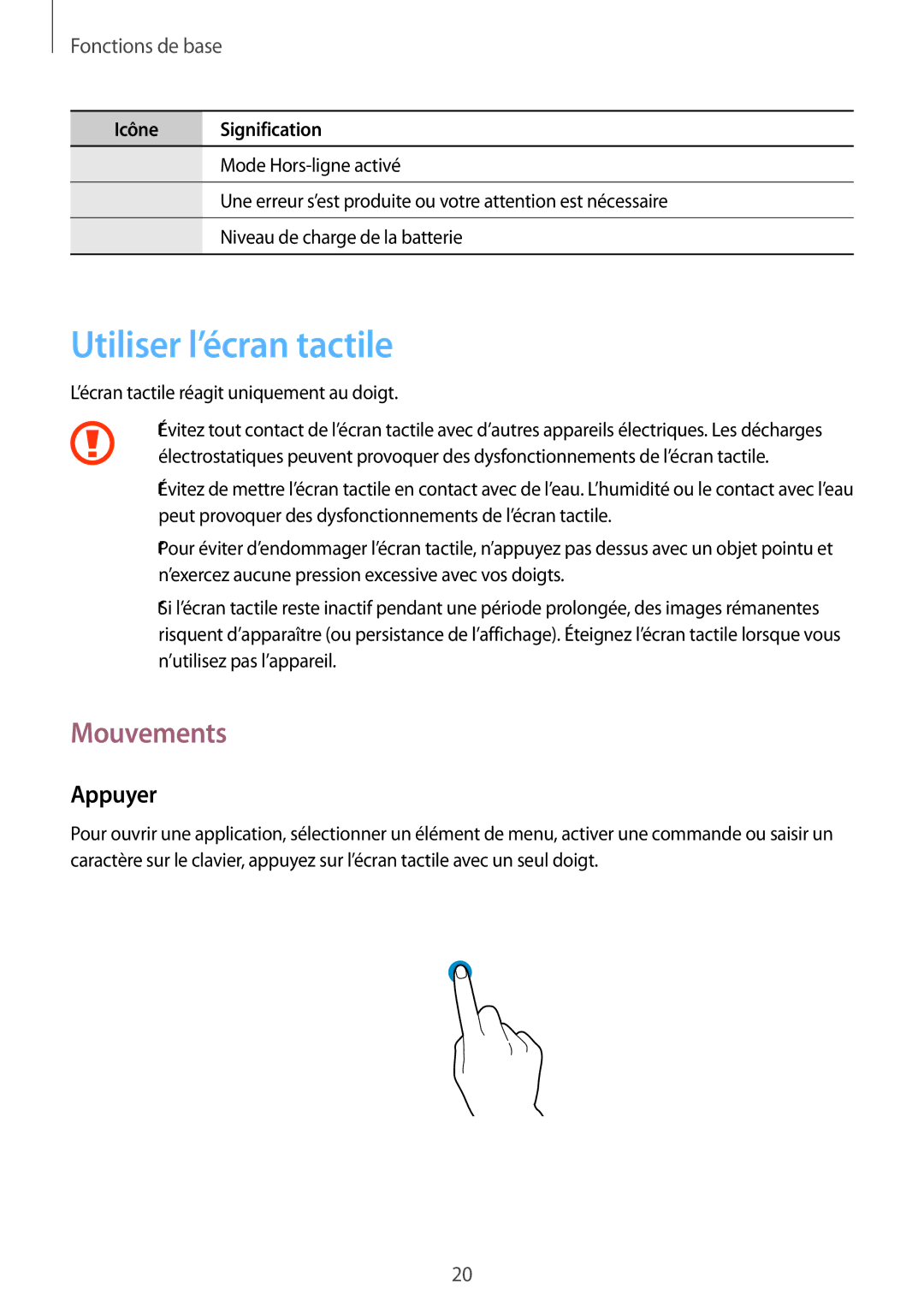 Samsung GT-S7390MKFFTM, GT-S7390RWFFTM, GT-S7390RWFBOG, GT-S7390WRFXEF manual Utiliser l’écran tactile, Mouvements, Appuyer 