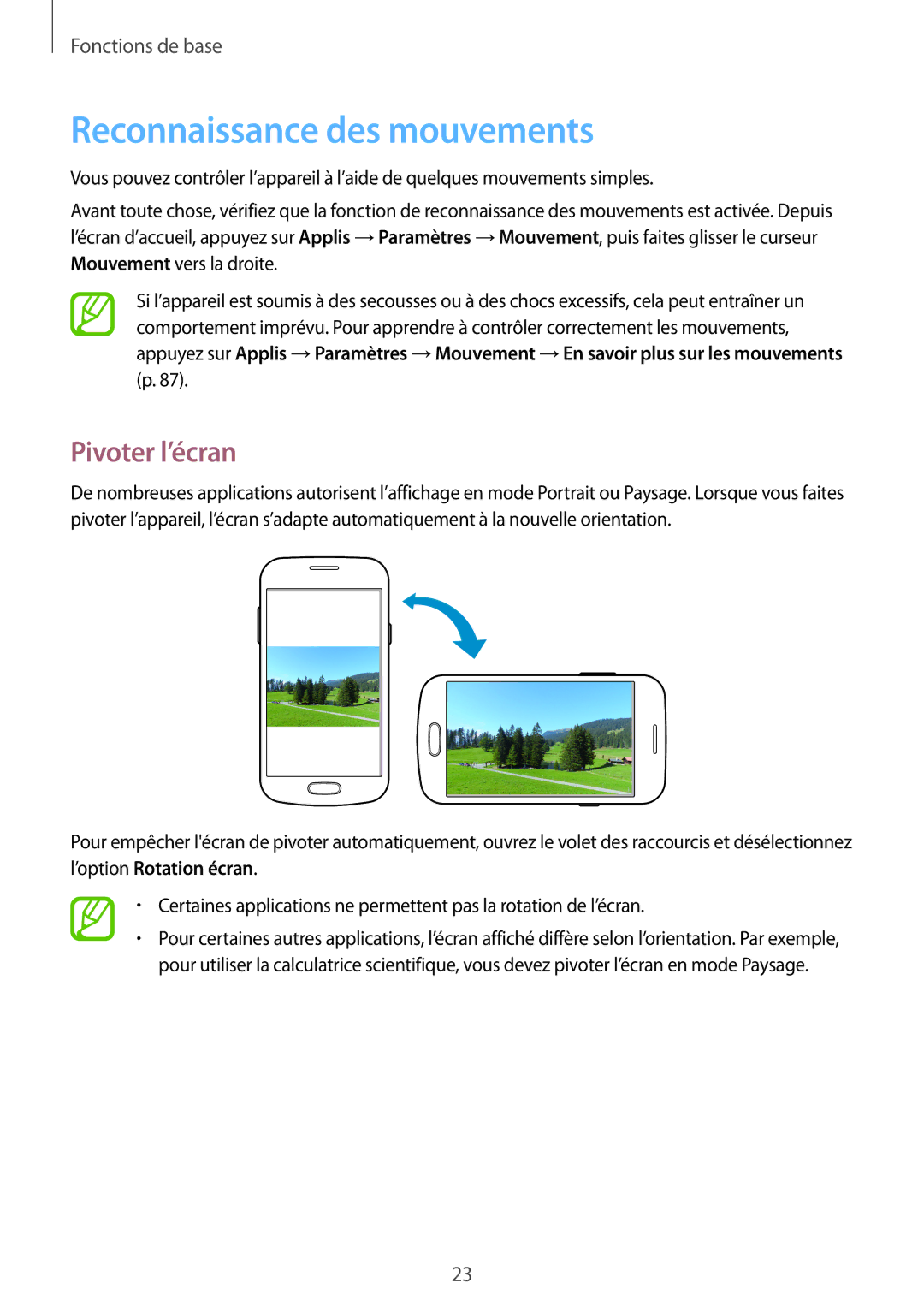 Samsung GT-S7390MKFVGF, GT-S7390RWFFTM, GT-S7390RWFBOG, GT-S7390WRFXEF manual Reconnaissance des mouvements, Pivoter l’écran 