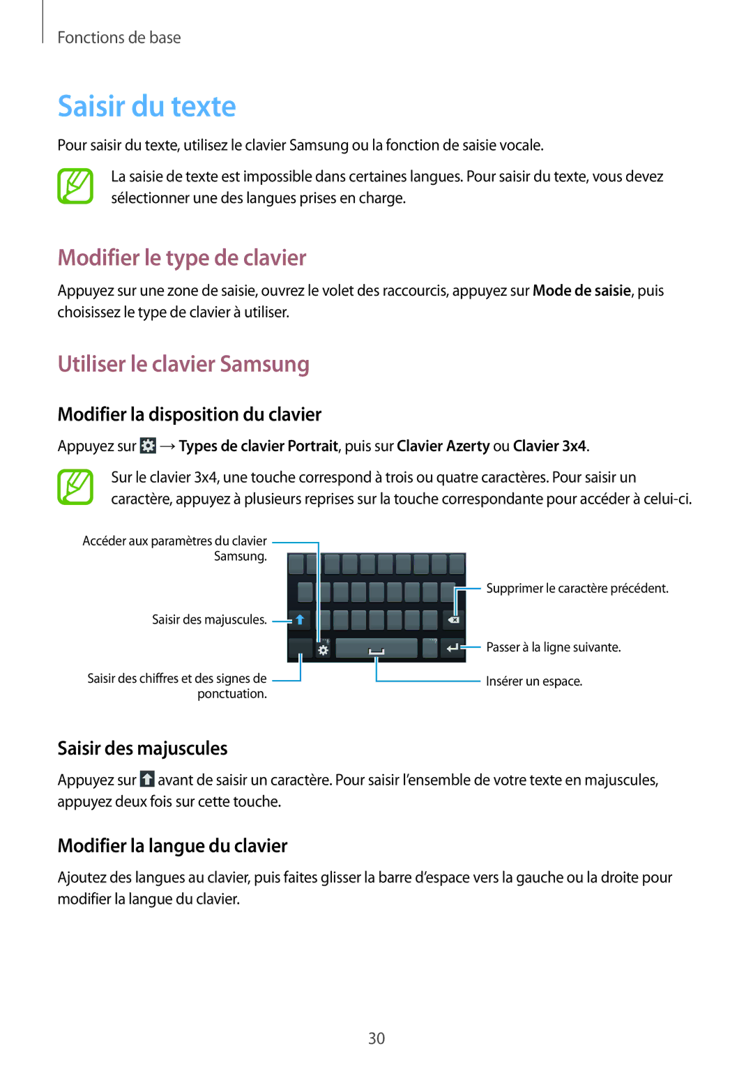 Samsung GT-S7390MKFLPM, GT-S7390RWFFTM manual Saisir du texte, Modifier le type de clavier, Utiliser le clavier Samsung 