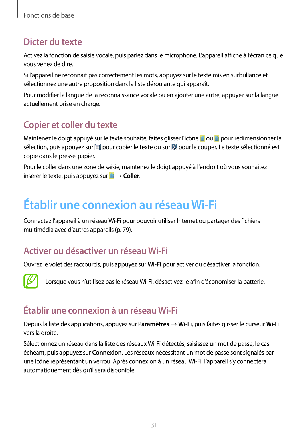 Samsung GT-S7390RWFXEF, GT-S7390RWFFTM Établir une connexion au réseau Wi-Fi, Dicter du texte, Copier et coller du texte 