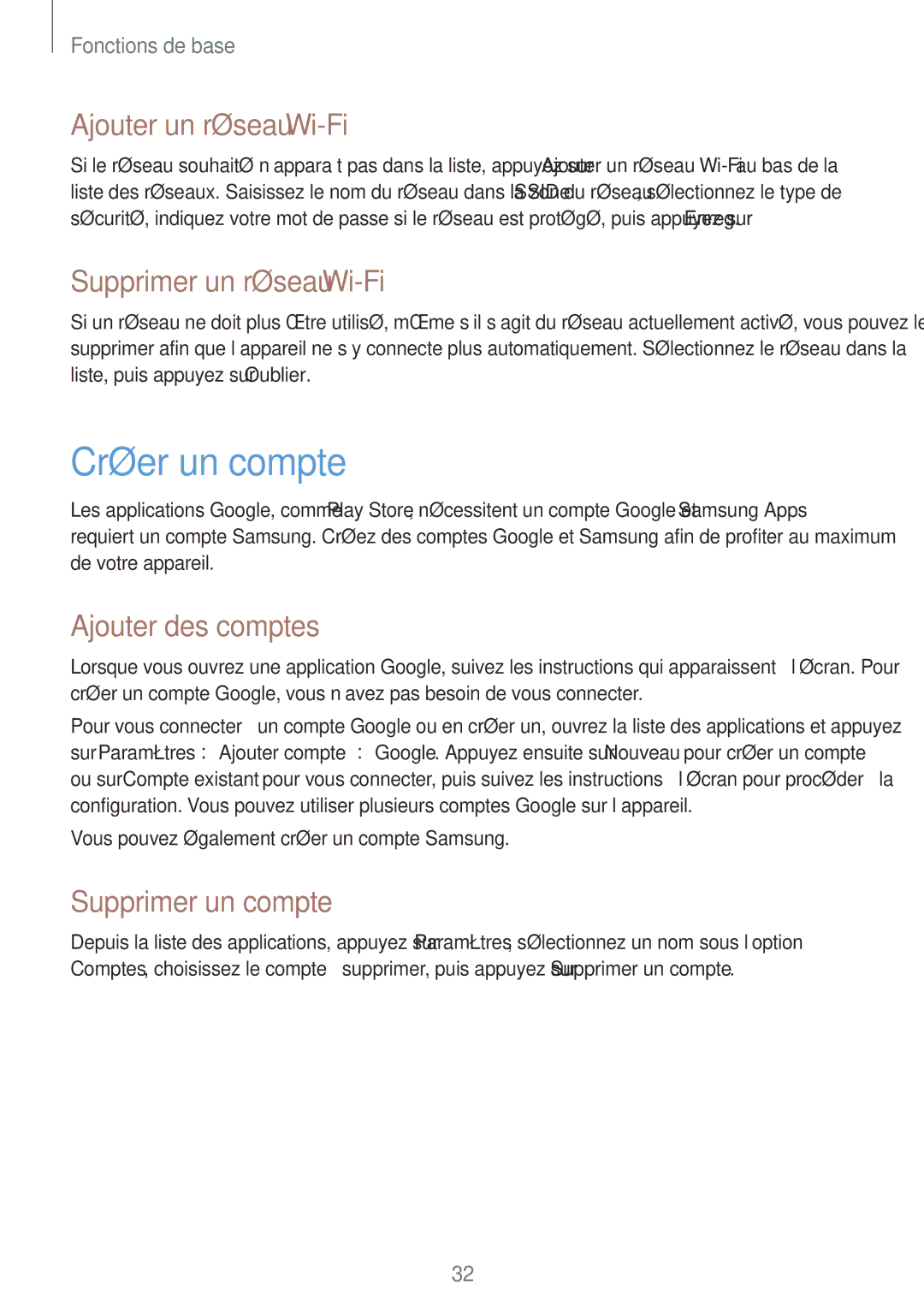 Samsung GT-S7390MKFFTM manual Créer un compte, Ajouter un réseau Wi-Fi, Supprimer un réseau Wi-Fi, Ajouter des comptes 