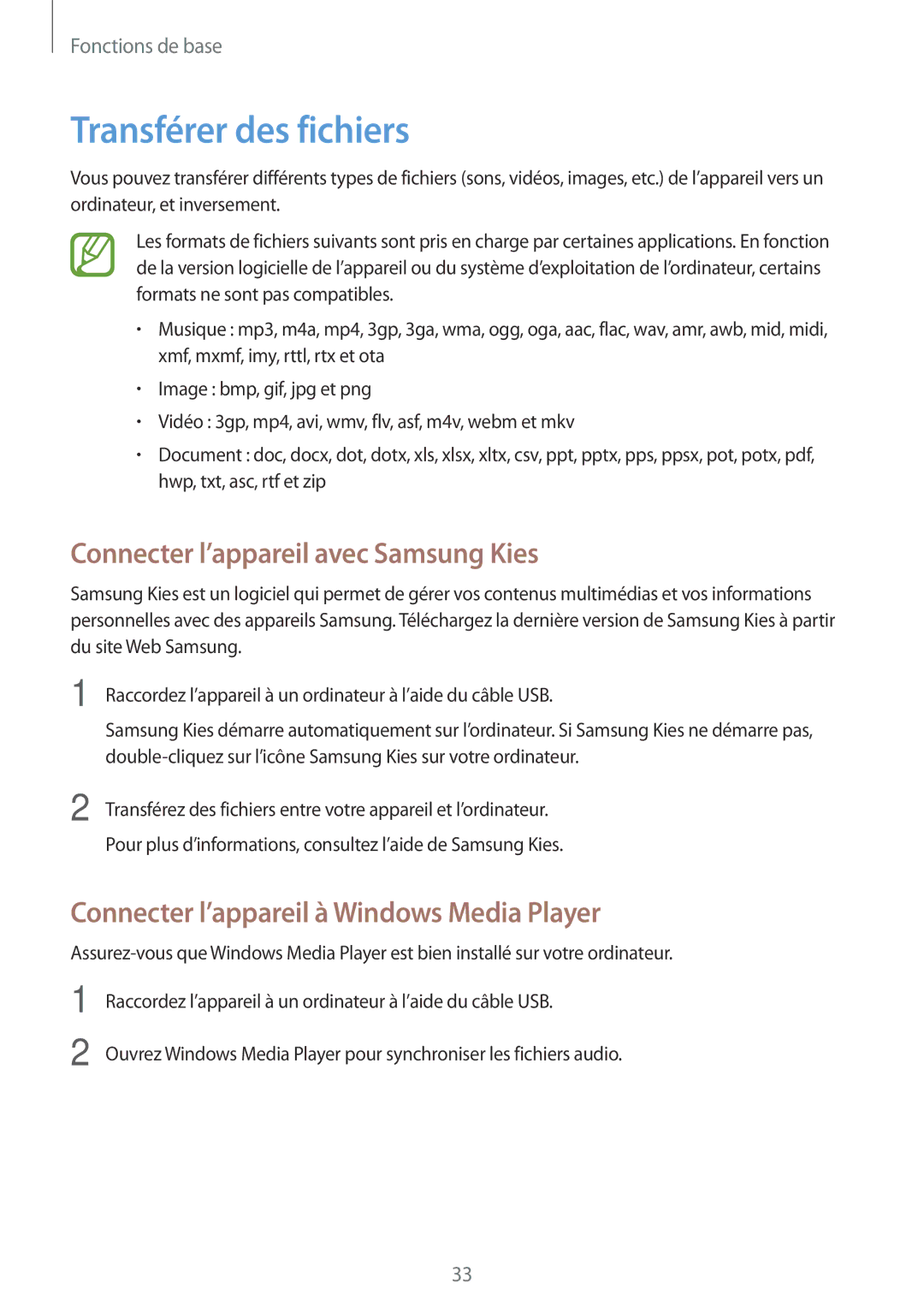 Samsung GT-S7390RWFVGF, GT-S7390RWFFTM, GT-S7390RWFBOG manual Transférer des fichiers, Connecter l’appareil avec Samsung Kies 