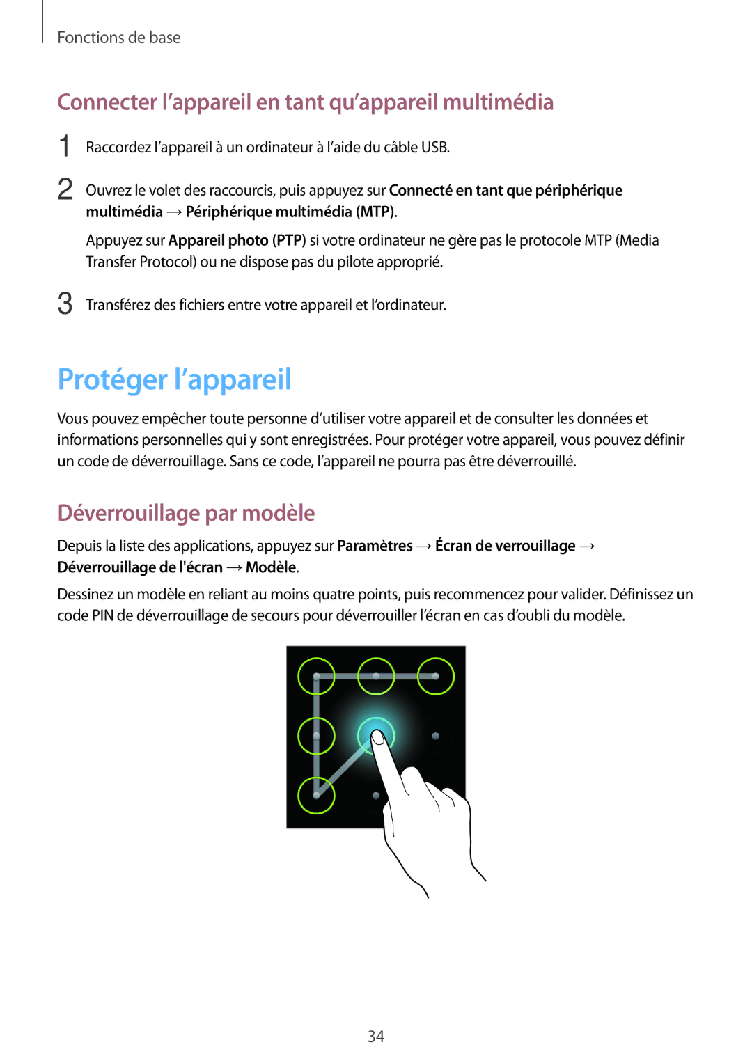 Samsung GT-S7390MKFXEF Protéger l’appareil, Connecter l’appareil en tant qu’appareil multimédia, Déverrouillage par modèle 