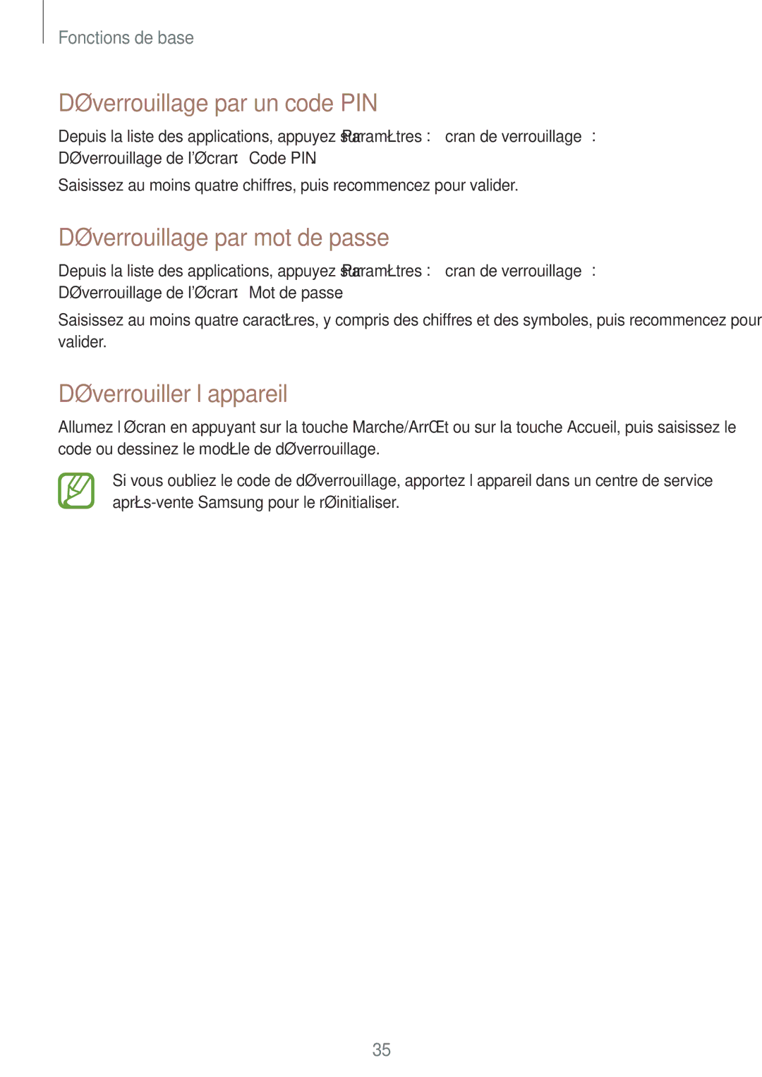 Samsung GT-S7390MKFVGF manual Déverrouillage par un code PIN, Déverrouillage par mot de passe, Déverrouiller l’appareil 